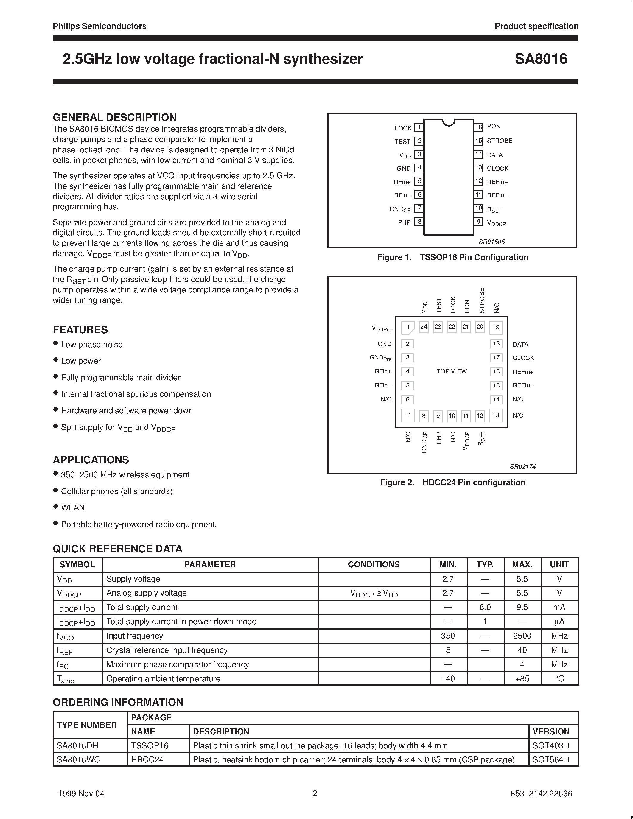 Даташит на микросхему SA8016 страница 2 Даташит SA8016 - 2.5GHz low voltage fractional-N synthesizer страница 2