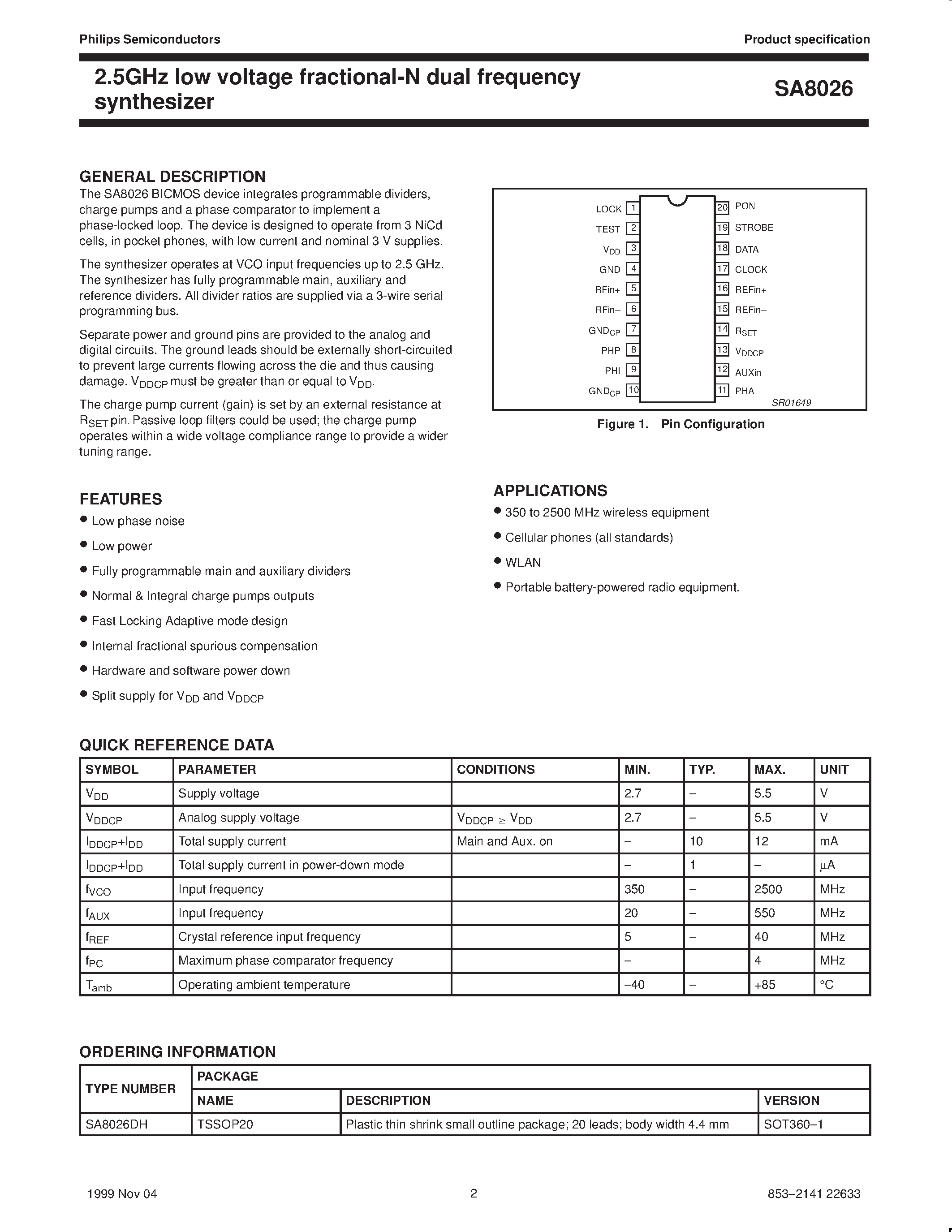 Datasheet SA8026 - 2.5GHz low voltage fractional-N dual frequency synthesizer page 2