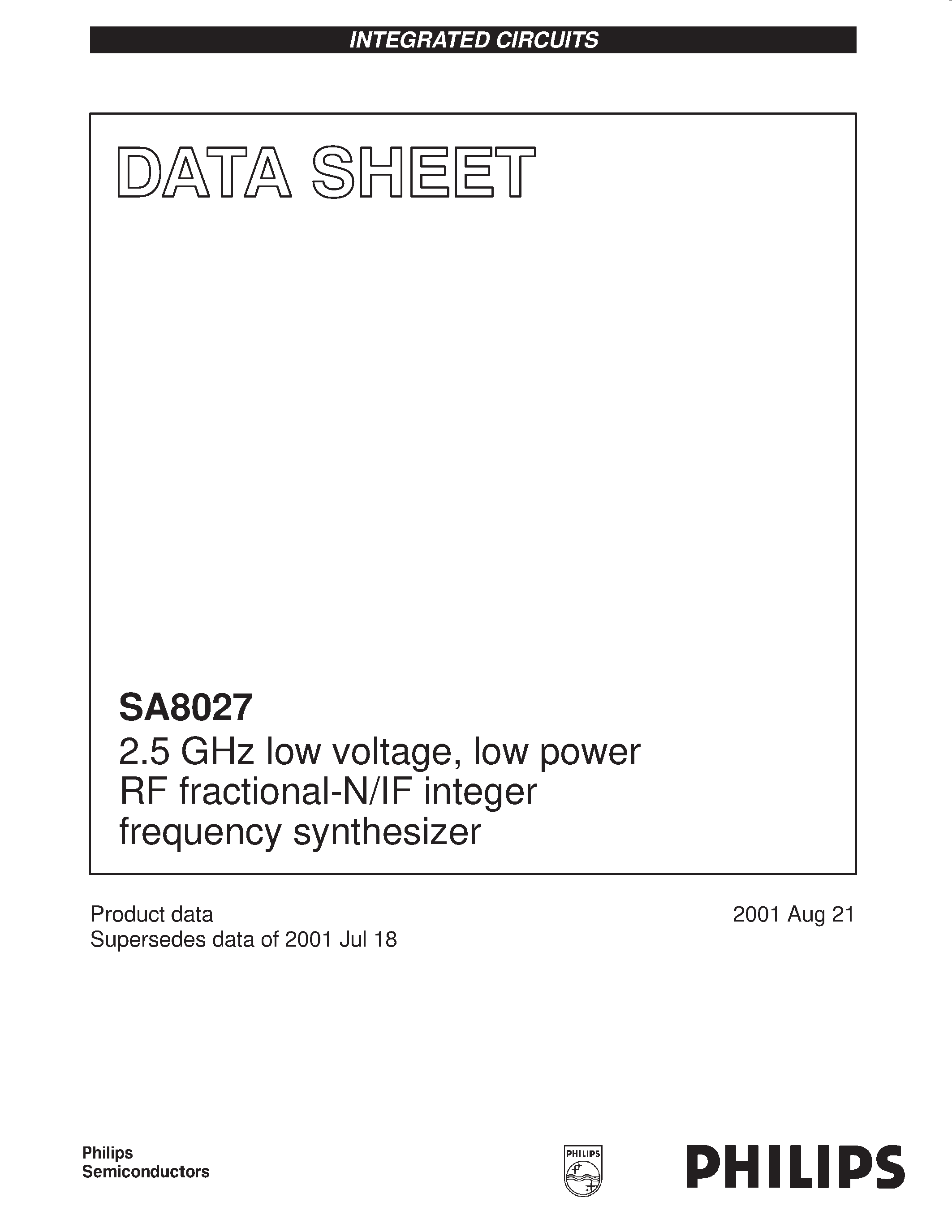 Даташит на микросхему SA8027DH страница 1 Даташит SA8027DH - 2.5 GHz low voltage / low power RF fractional-N/IF integer frequency synthesizer страница 1