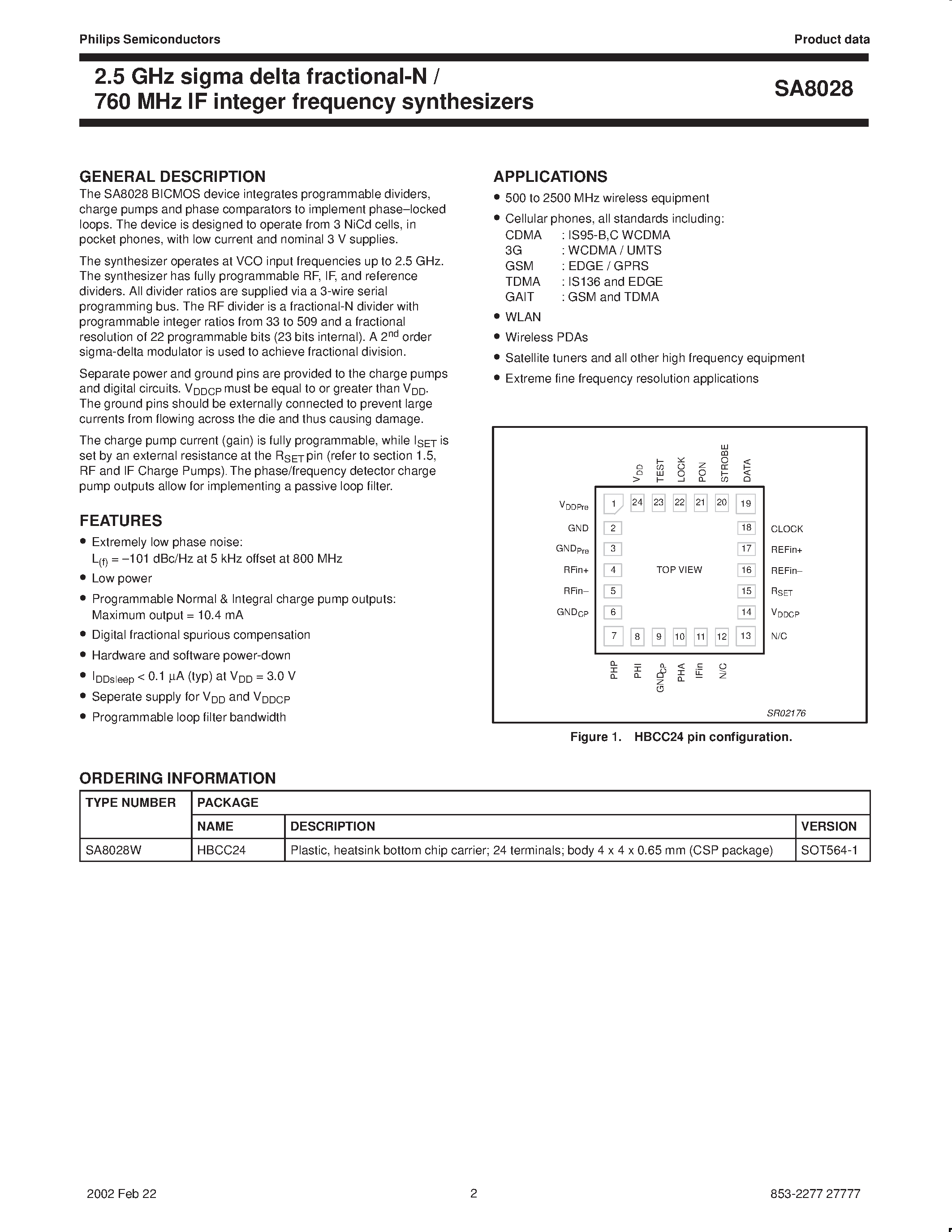Datasheet SA8028W - 2.5 GHz sigma delta fractional-N / 760 MHz IF integer frequency synthesizers page 2