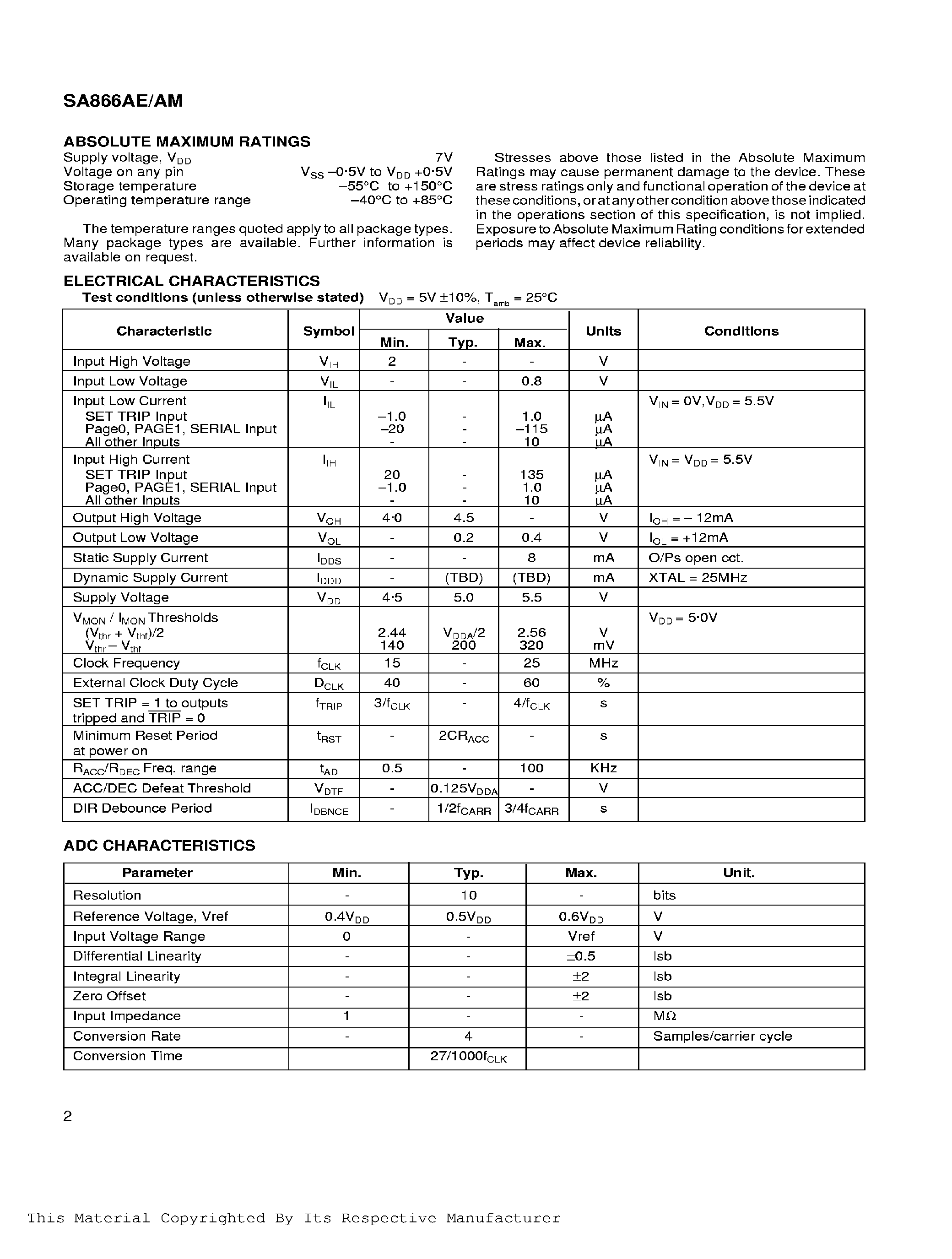 Datasheet SA866HP1N - 3-PHASE PULSE WIDTH MODULATION ENGINE page 2