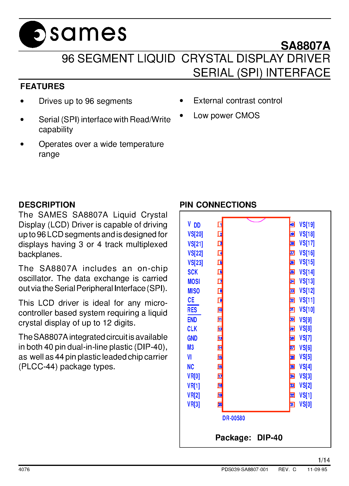 Datasheet SA8807APA - 96 SEGMENT LIQUID CRYSTAL DISPLAY DRIVER SERIAL (SPI) INTERFACE page 1