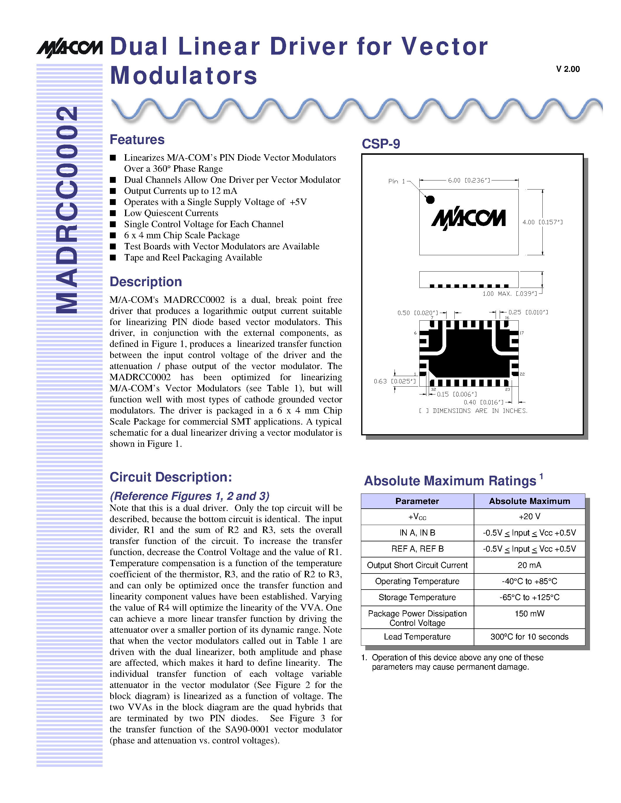 Datasheet SA90-0001-DC000 - Vector Modulator / 1.94 to 2.24 GHz page 1