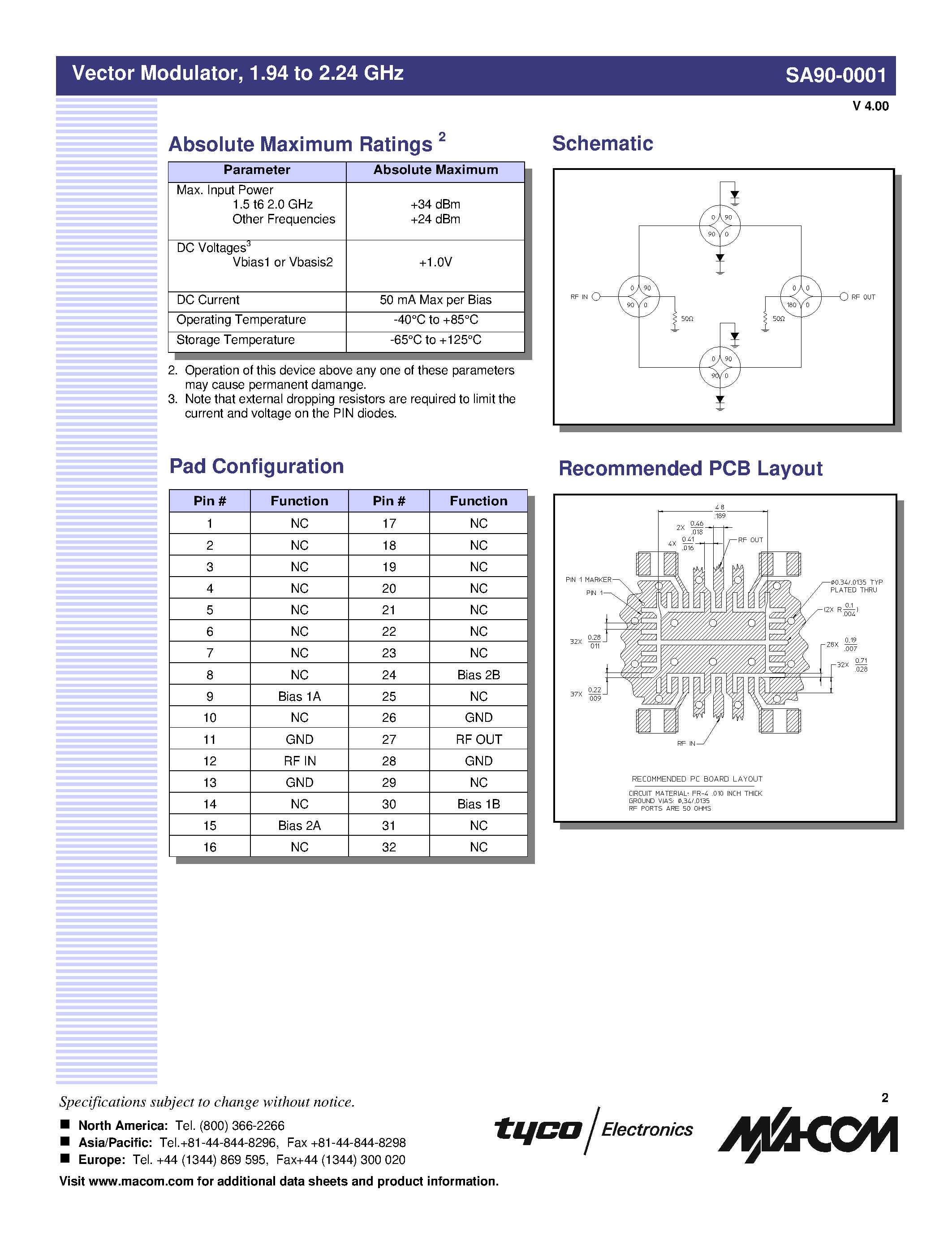 Datasheet SA90-0001TR - Vector Modulator / 1.94 to 2.24 GHz page 2