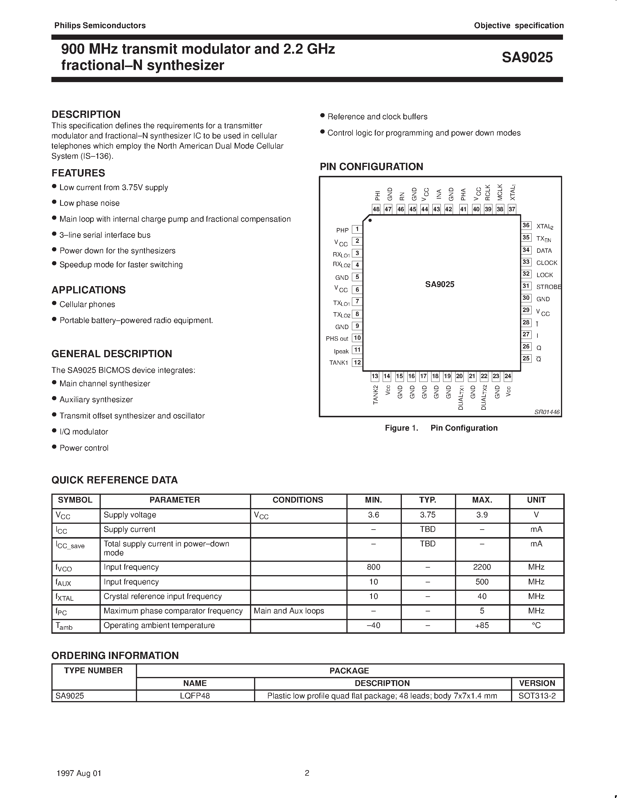 Datasheet SA9025 - 900 MHz transmit modulator and 2.2 GHz fractional-N synthesizer page 2