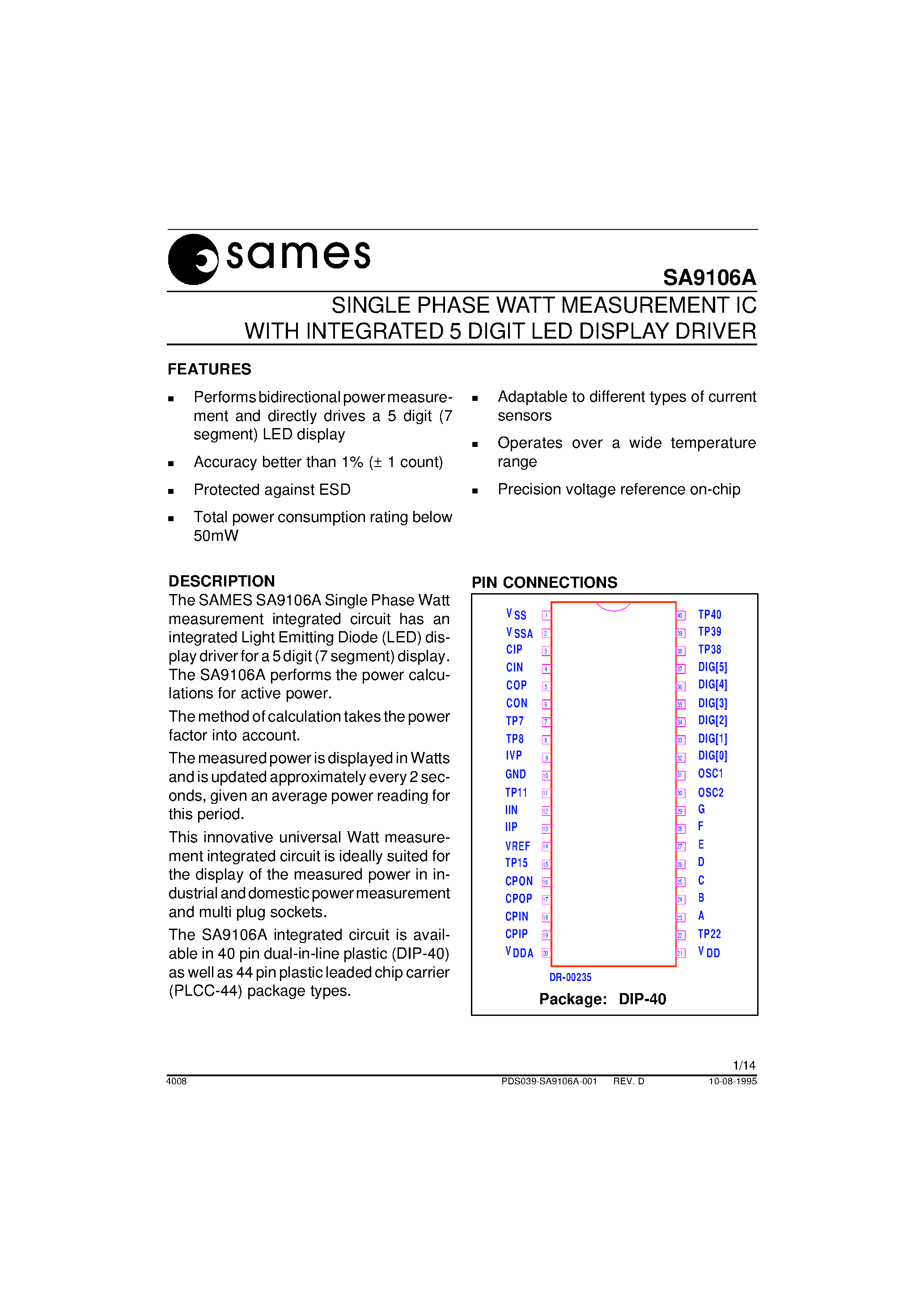 Datasheet SA9106APA - SINGLE PHASE WATT MEASUREMENT IC WITH INTEGRATED 5 DIGIT LED DISPLAY DRIVER page 1