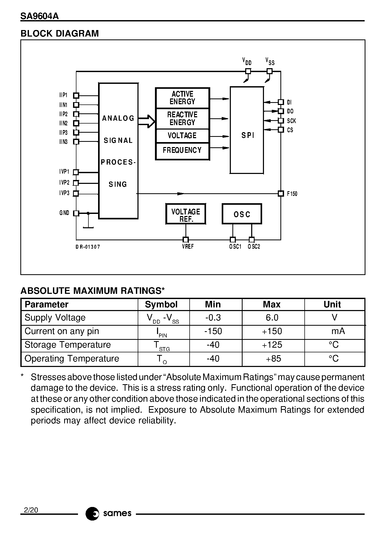 Datasheet SA9604A page 2 Datasheet SA9604A - THREE PHASE BIDIRECTIONAL POWER/ENERGY METERING IC WITH SERIAL SPI INTERFACE page 2