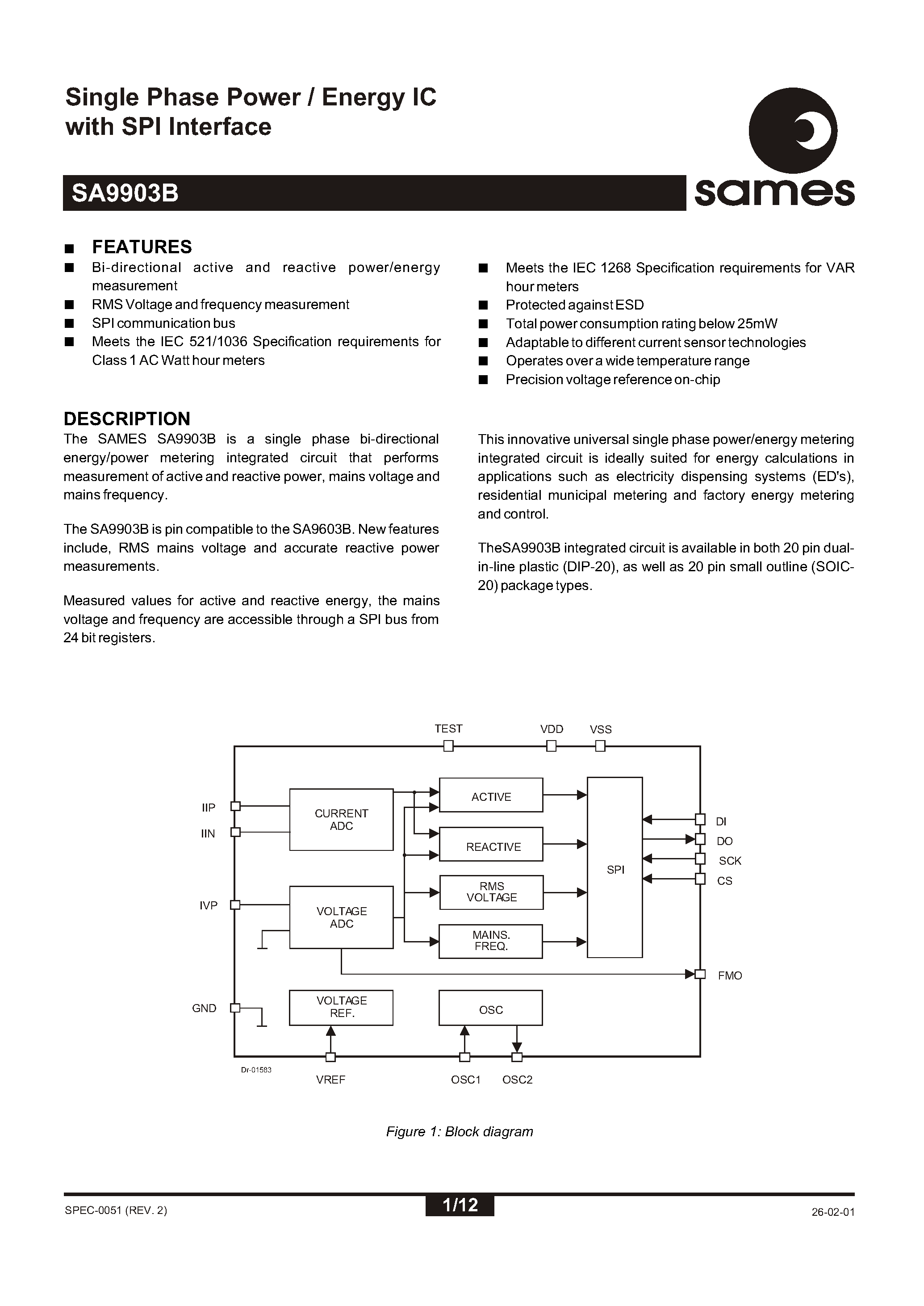 Datasheet SA9903 - Single Phase Power / Energy IC with SPI Interface page 1