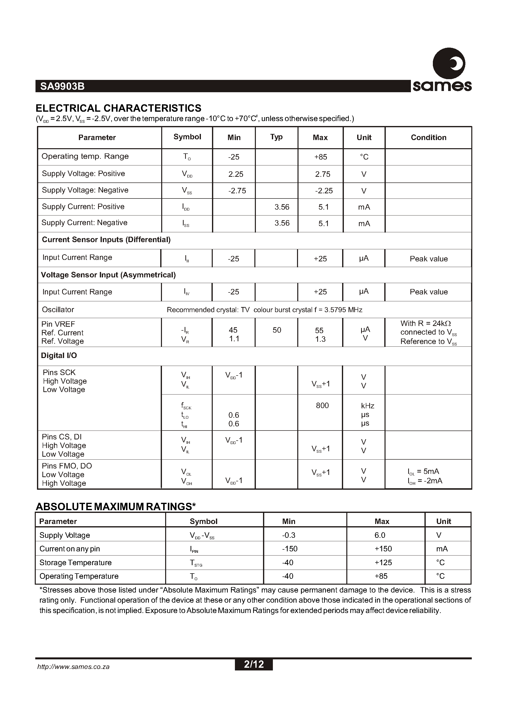 Datasheet SA9903 - Single Phase Power / Energy IC with SPI Interface page 2