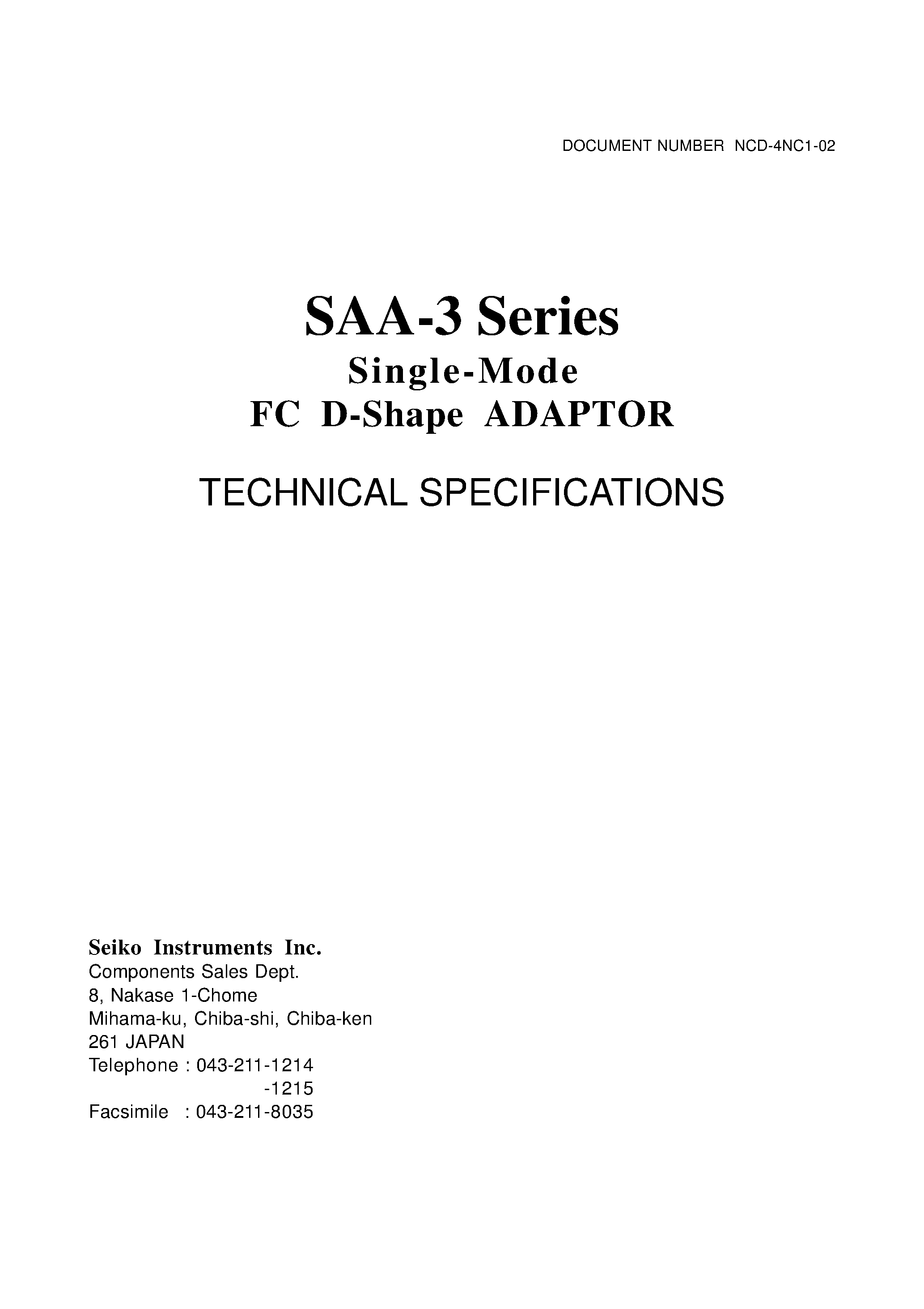 Даташит SAA-302200 - Single-Mode FC D-Shape ADAPTOR supplied страница 1