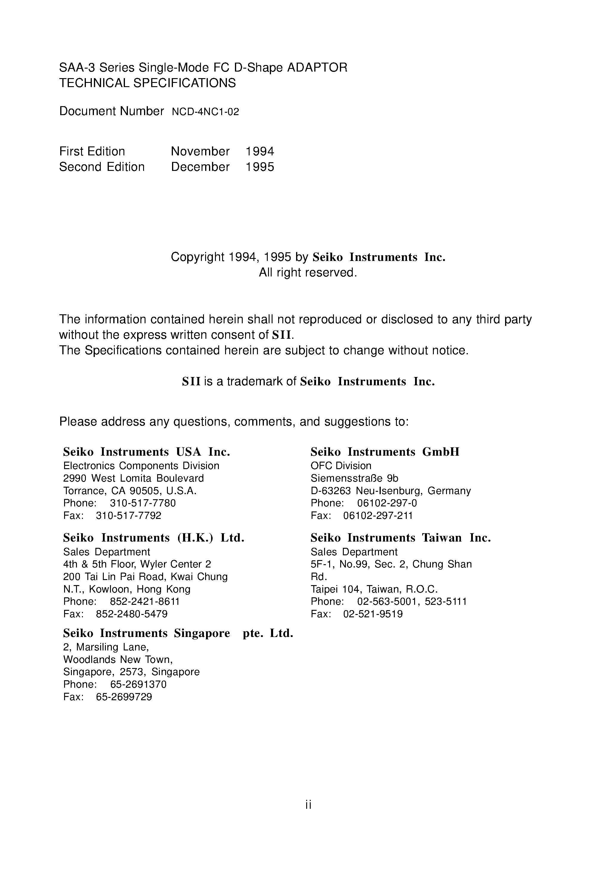 Datasheet SAA-321200 - Single-Mode FC D-Shape ADAPTOR supplied page 2