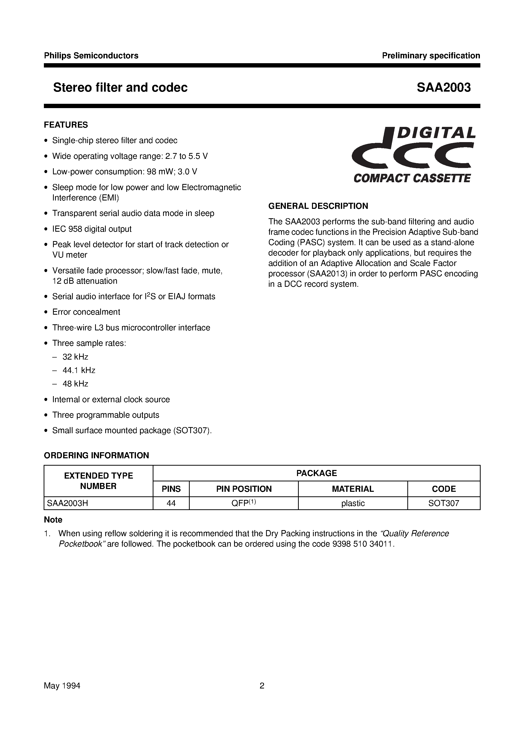 Datasheet SAA2003H page 2 Datasheet SAA2003H - Stereo filter and codec page 2