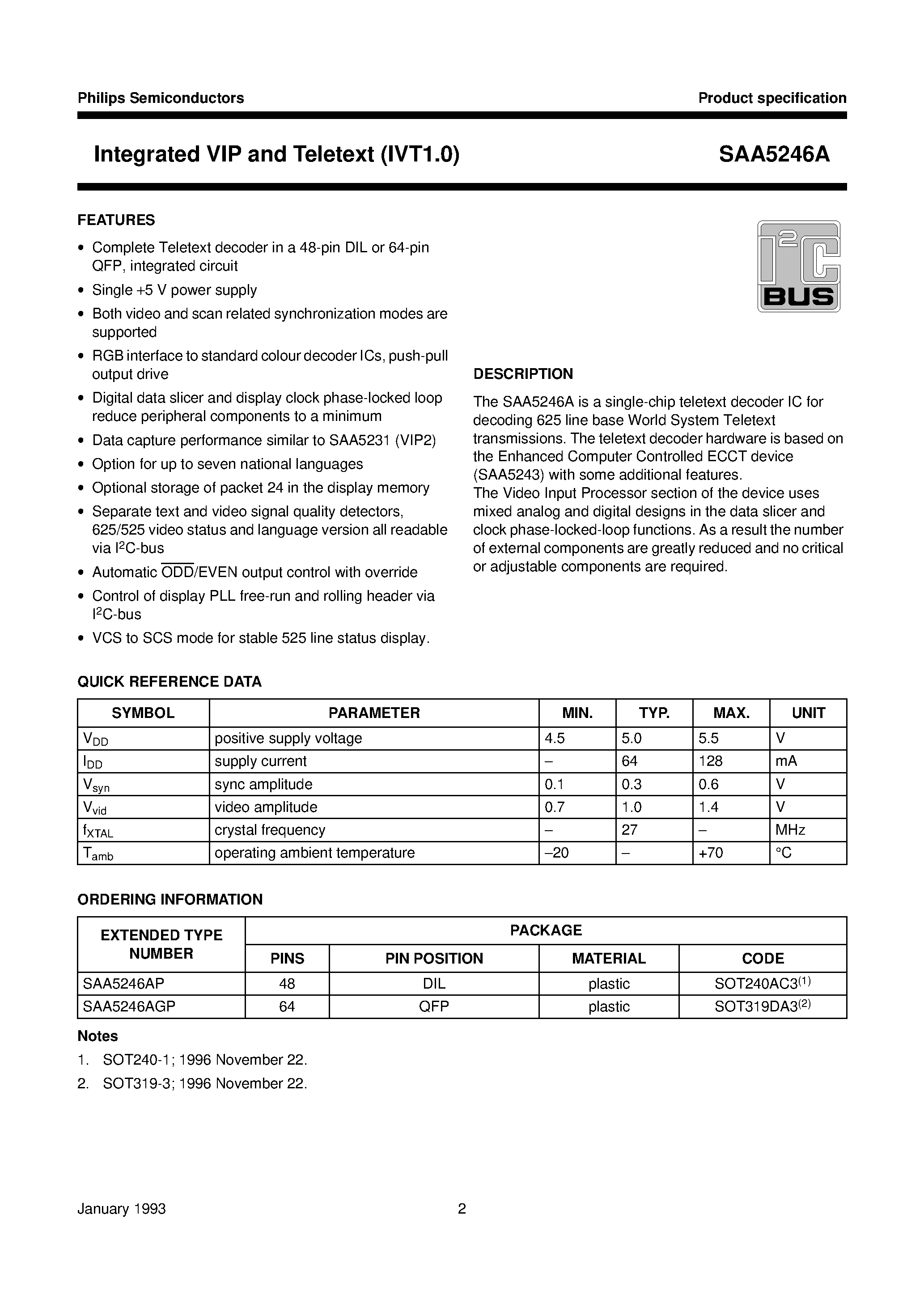 Datasheet SAA5246AP - Integrated VIP and Teletext IVT1.0 page 2