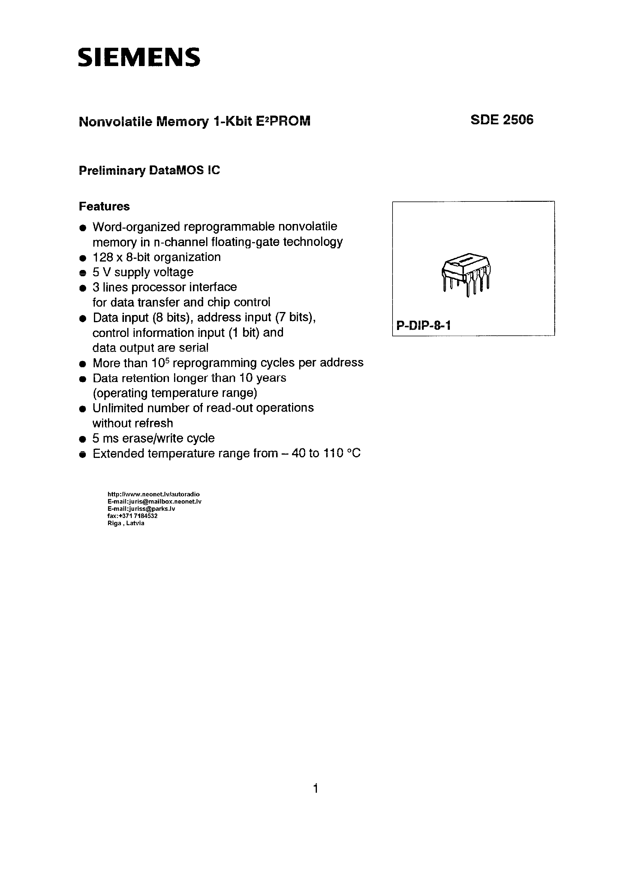 Datasheet SDE2506 page 1 Datasheet SDE2506 - NONVOLATILE MEMORY 1-KBIT E2PROM page 1