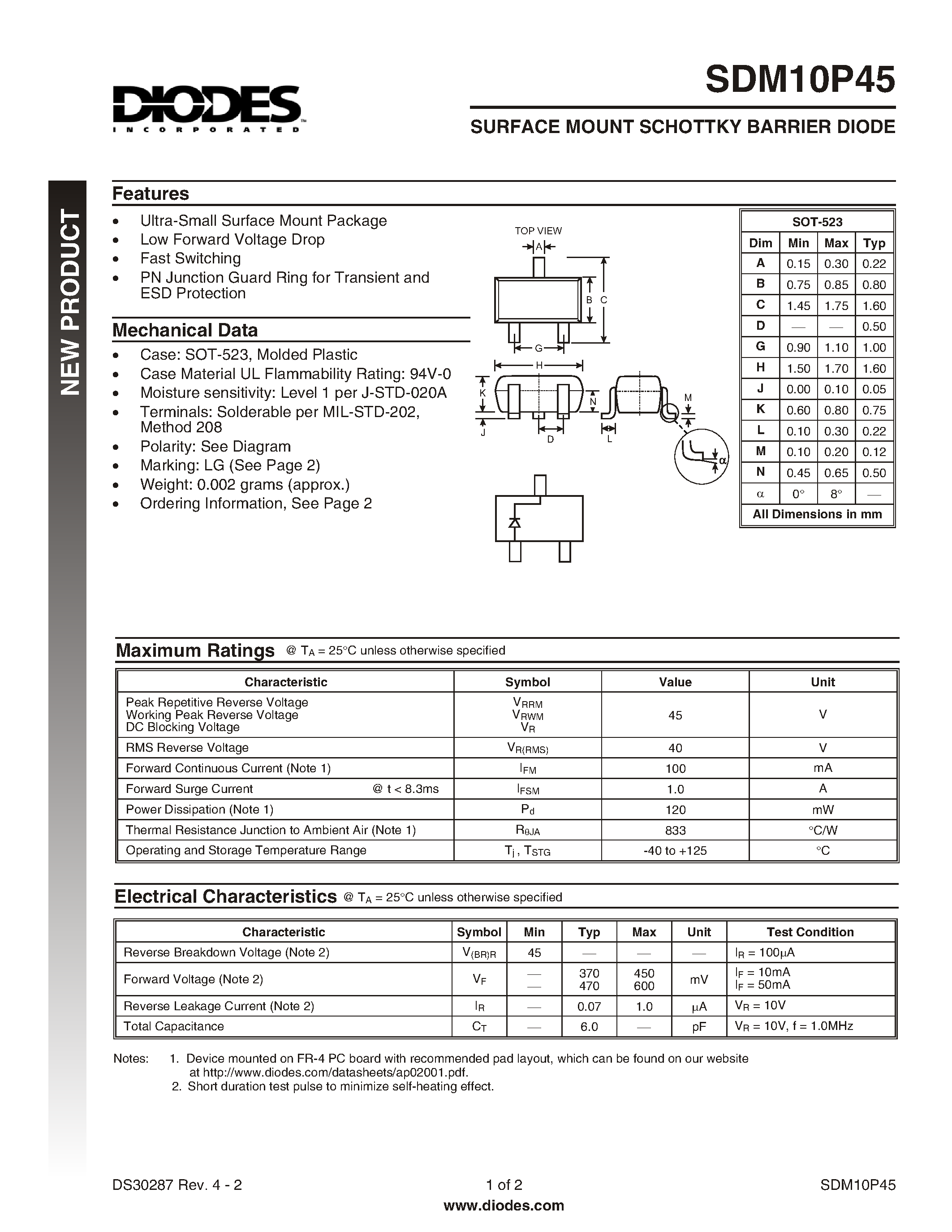 Datasheet SDM10P45-7 - SURFACE MOUNT SCHOTTKY BARRIER DIODE page 1