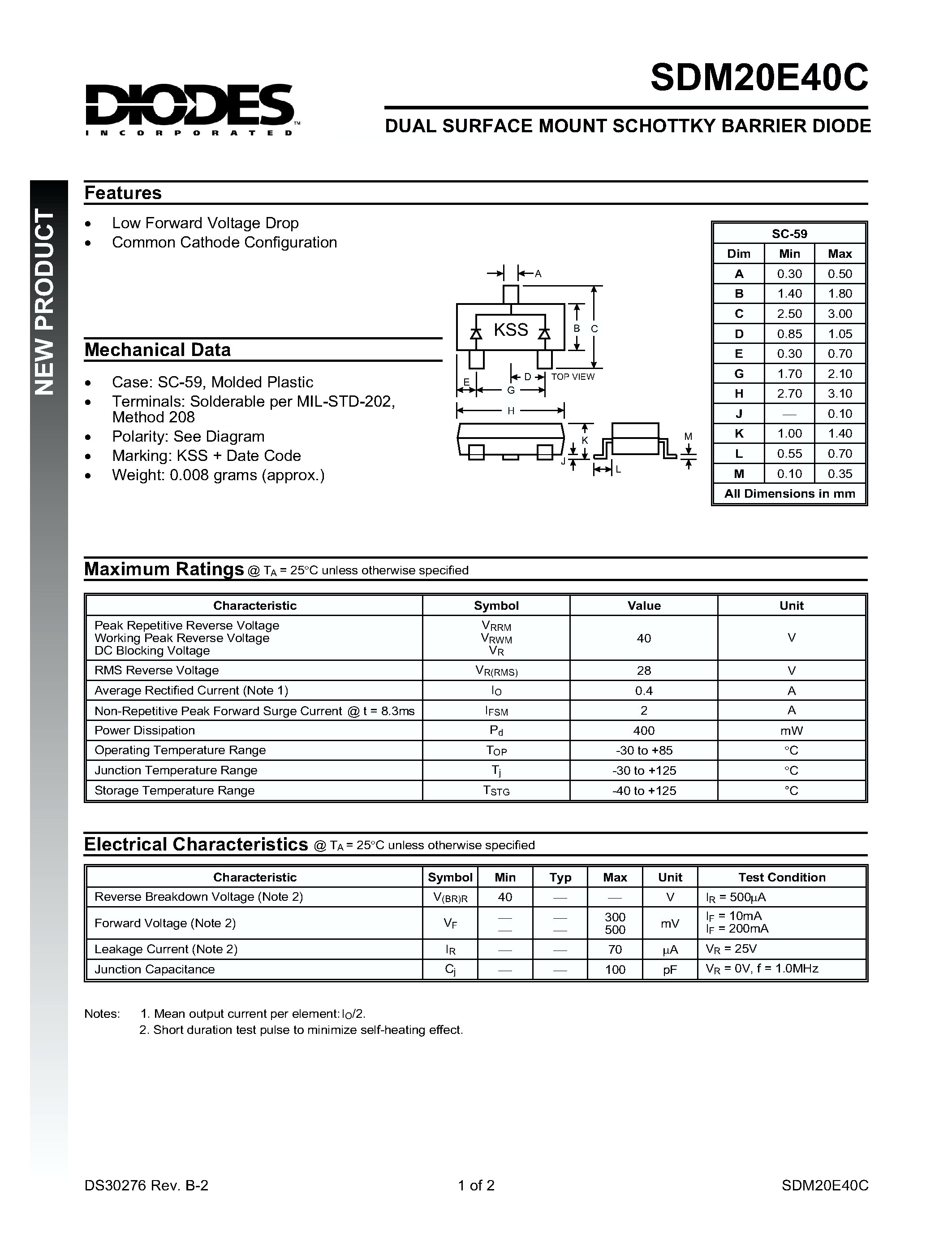 Datasheet SDM20E40C - DUAL SURFACE MOUNT SCHOTTKY BARRIER DIODE page 1