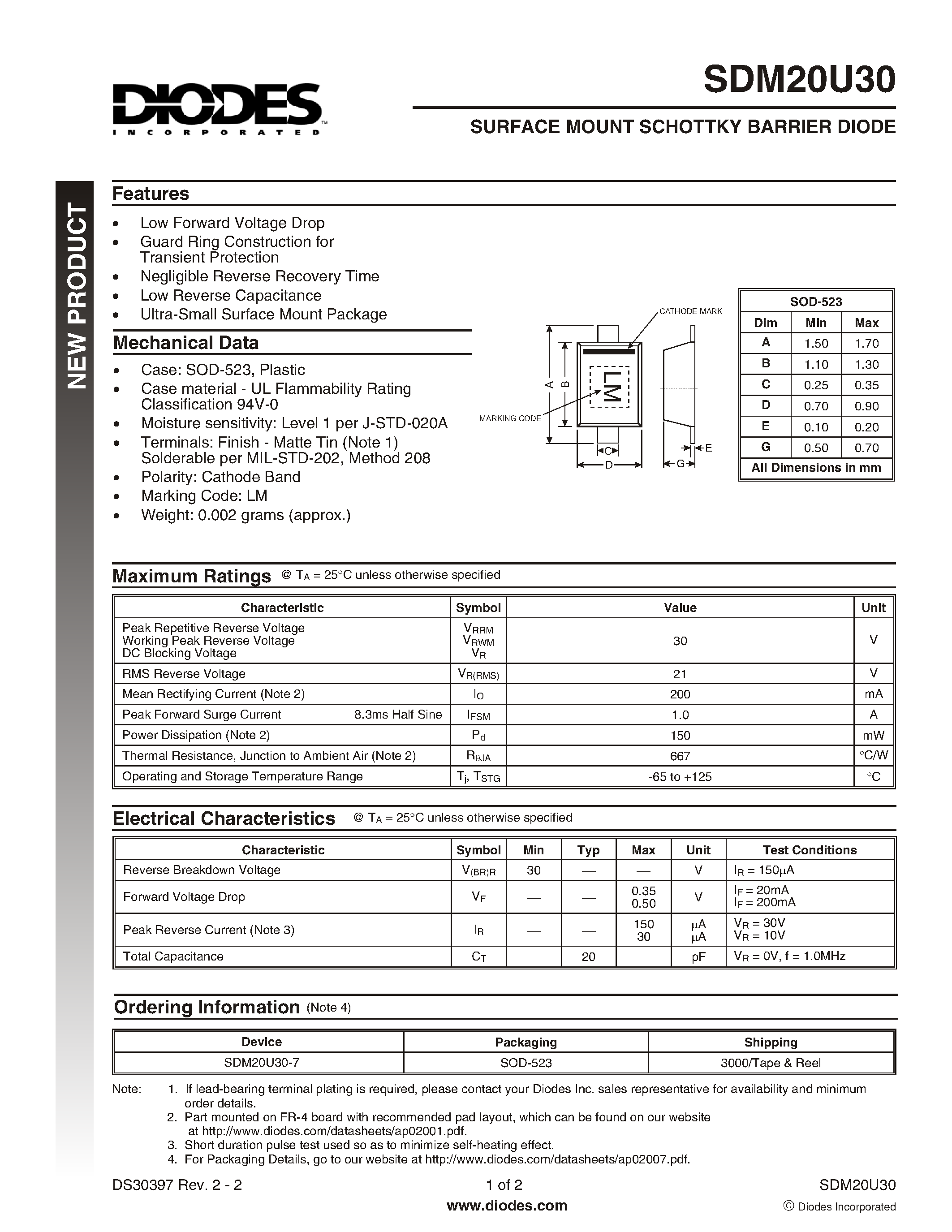 Datasheet SDM20U30-7 - SURFACE MOUNT SCHOTTKY BARRIER DIODE page 1