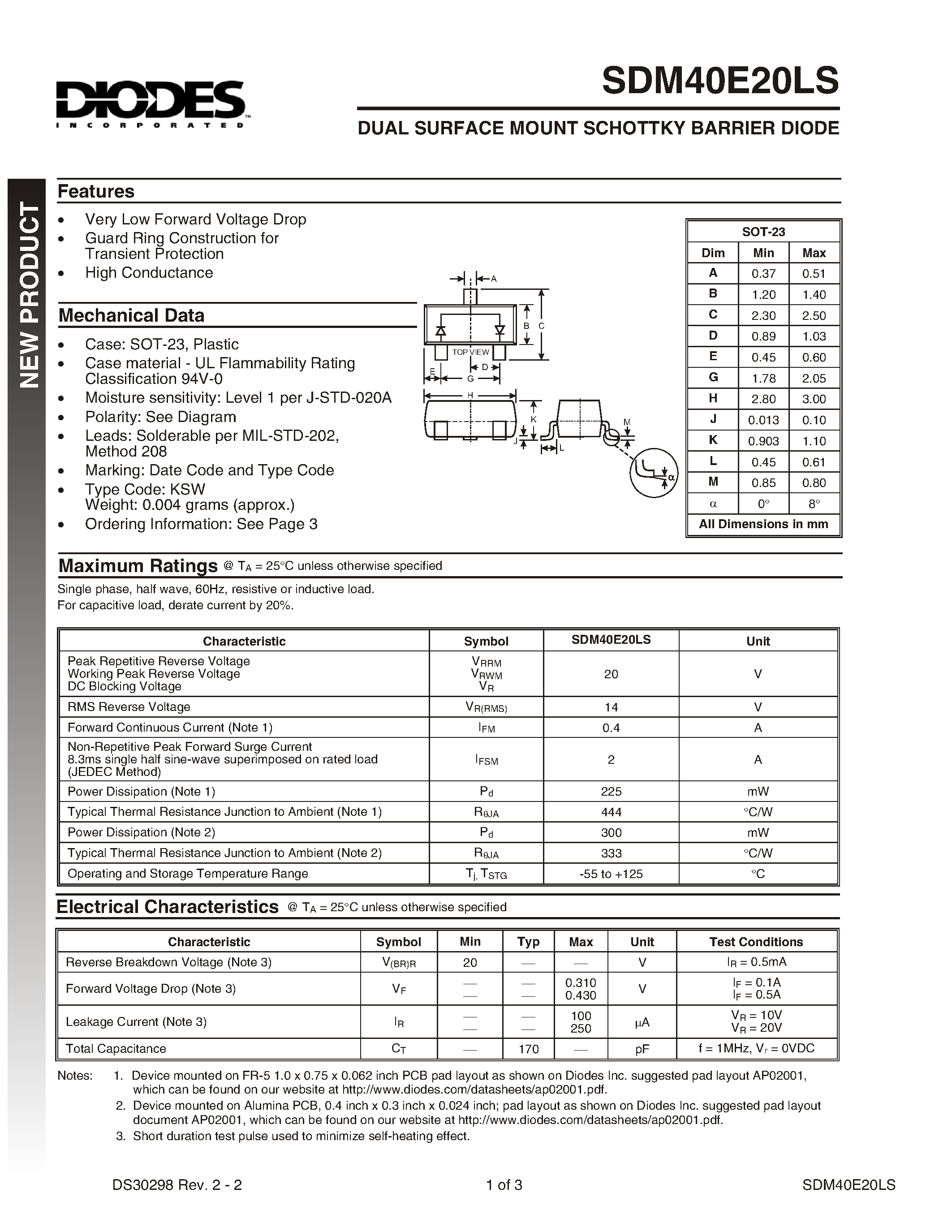 Datasheet SDM40E20LS - DUAL SURFACE MOUNT SCHOTTKY BARRIER DIODE page 1