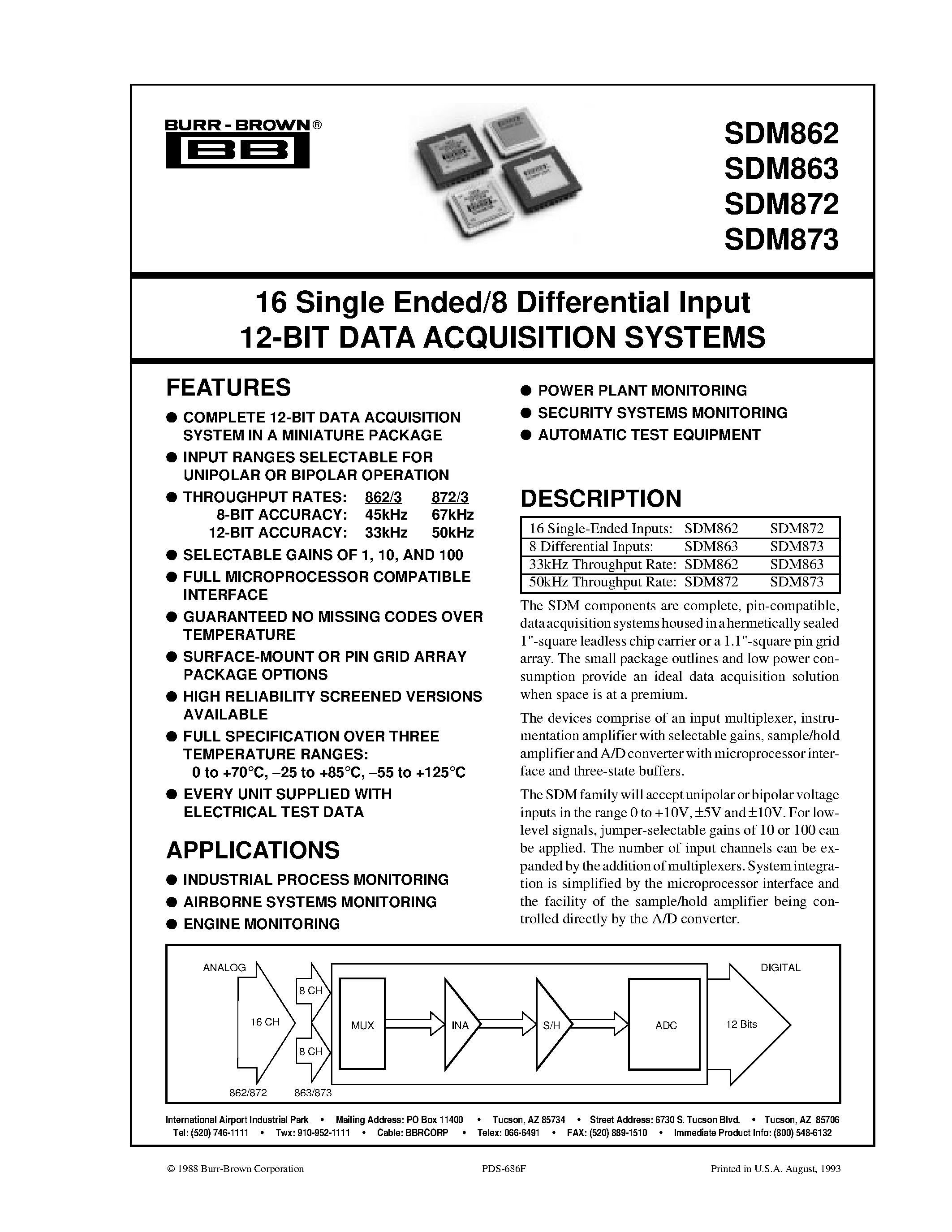 Даташит SDM873S - 16 Single Ended/8 Differential Input 12-BIT DATA ACQUISITION SYSTEMS страница 1