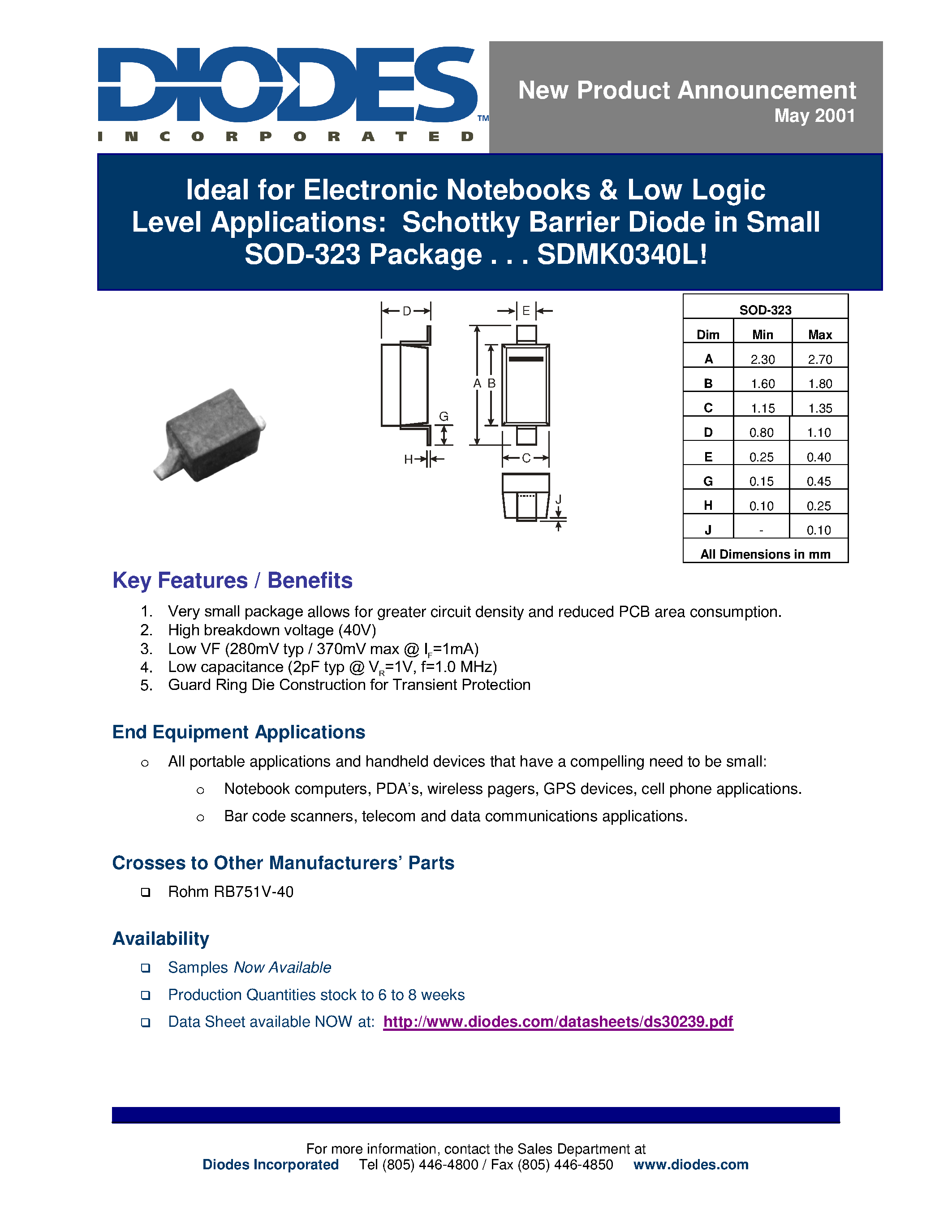 Datasheet SDMK0340L - iDEAL FOR eLECTRONIC nOTEBOOKS & lOW lOGIC lEVEL aPPLICATIONS: sCHOTTKY bARRIER dIODE IN sMALL page 1