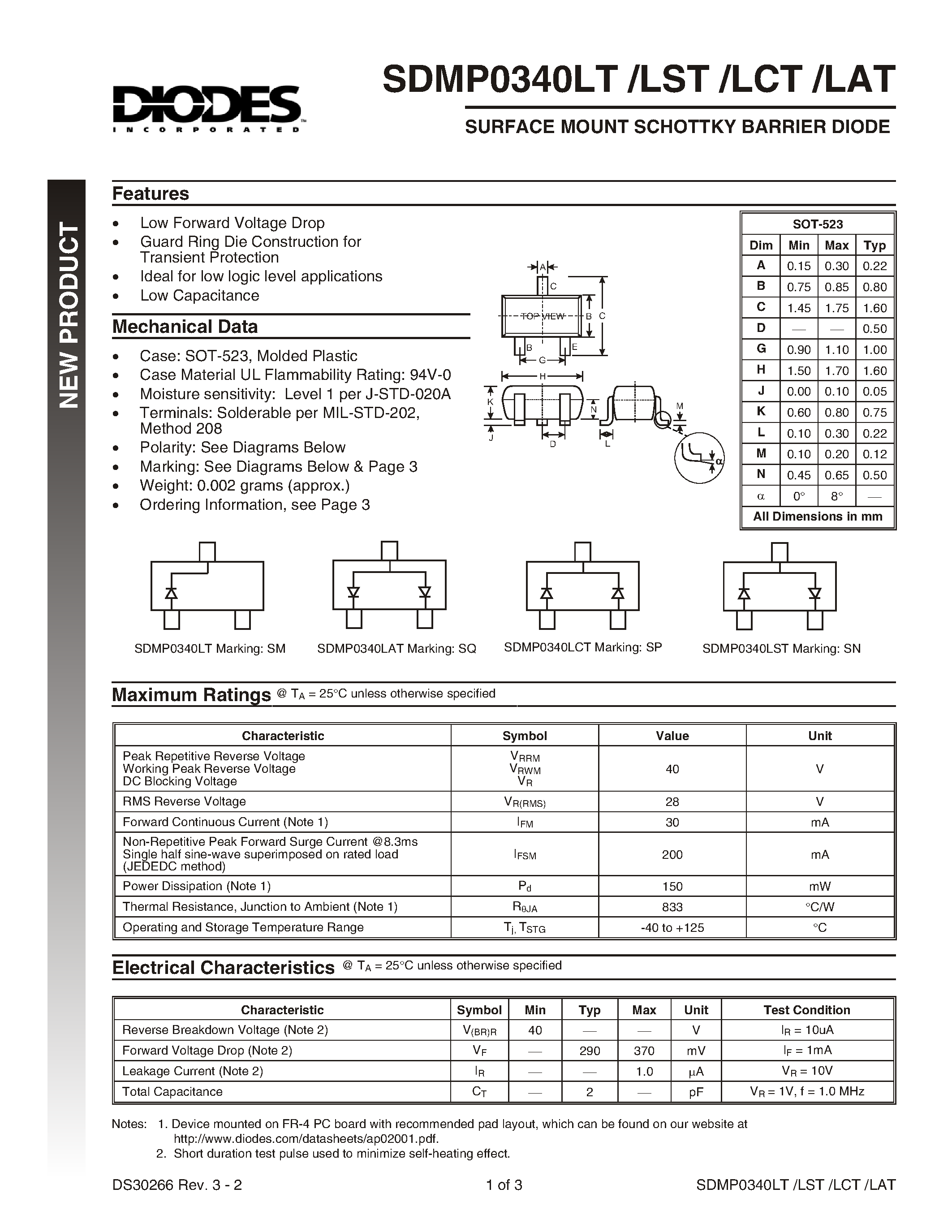 Datasheet SDMP0340LST - SURFACE MOUNT SCHOTTKY BARRIER DIODE page 1
