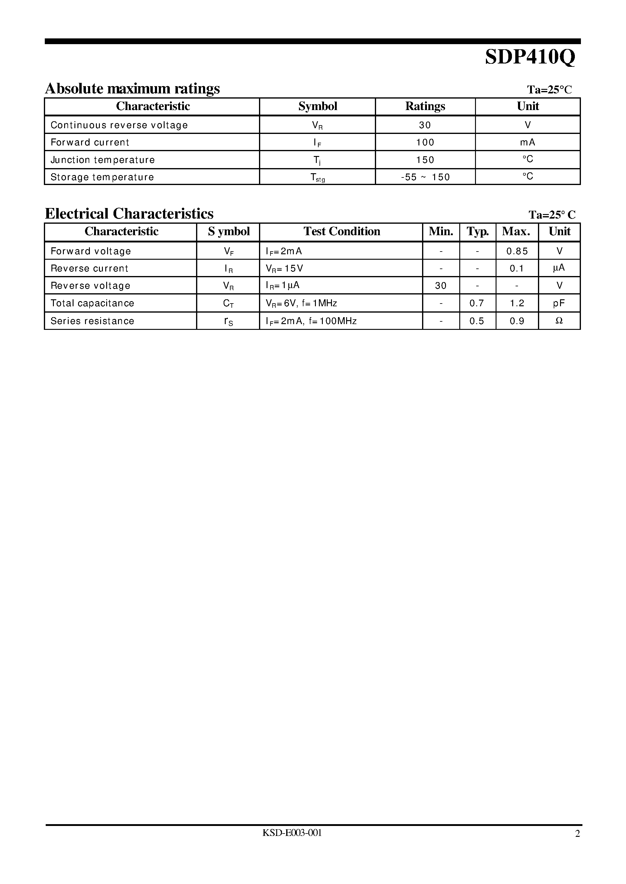 Datasheet SDP410Q page 2 Datasheet SDP410Q - Band switching Diode page 2