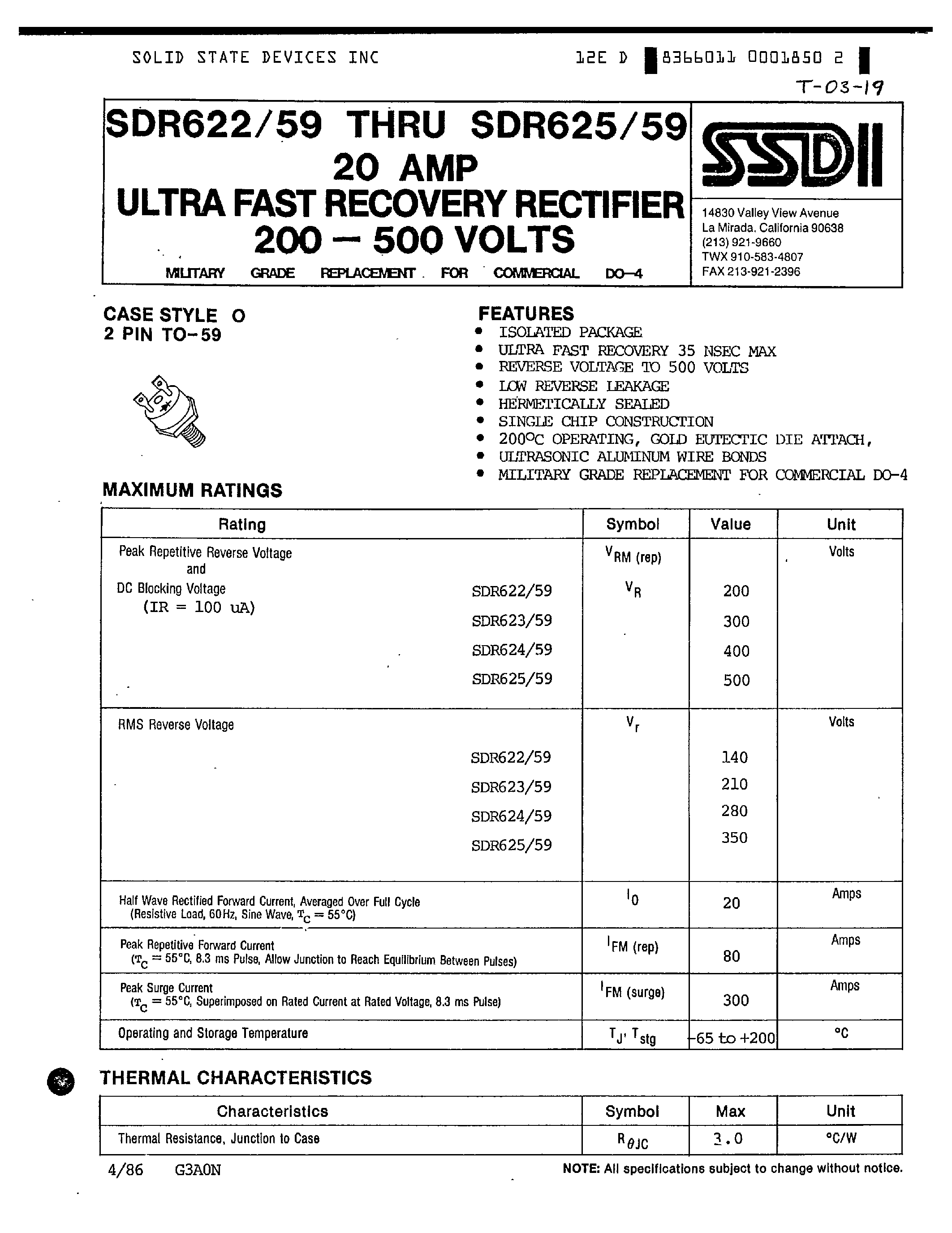 Datasheet SDR622 page 1 Datasheet SDR622 - ULTRA FAST RECOVERY RECTIFIER page 1