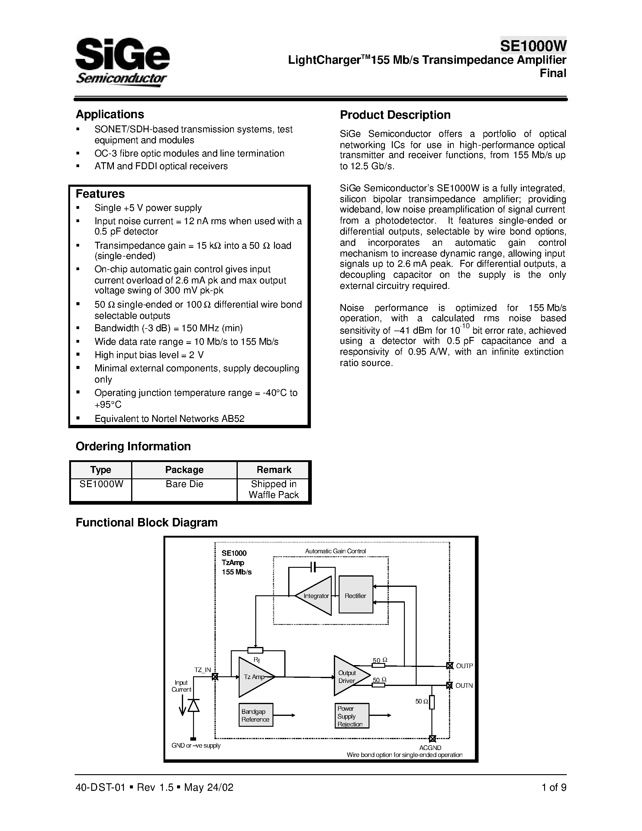 Datasheet SE1000W - LightChargerTM155 Mb/s Transimpedance Amplifier Final page 1