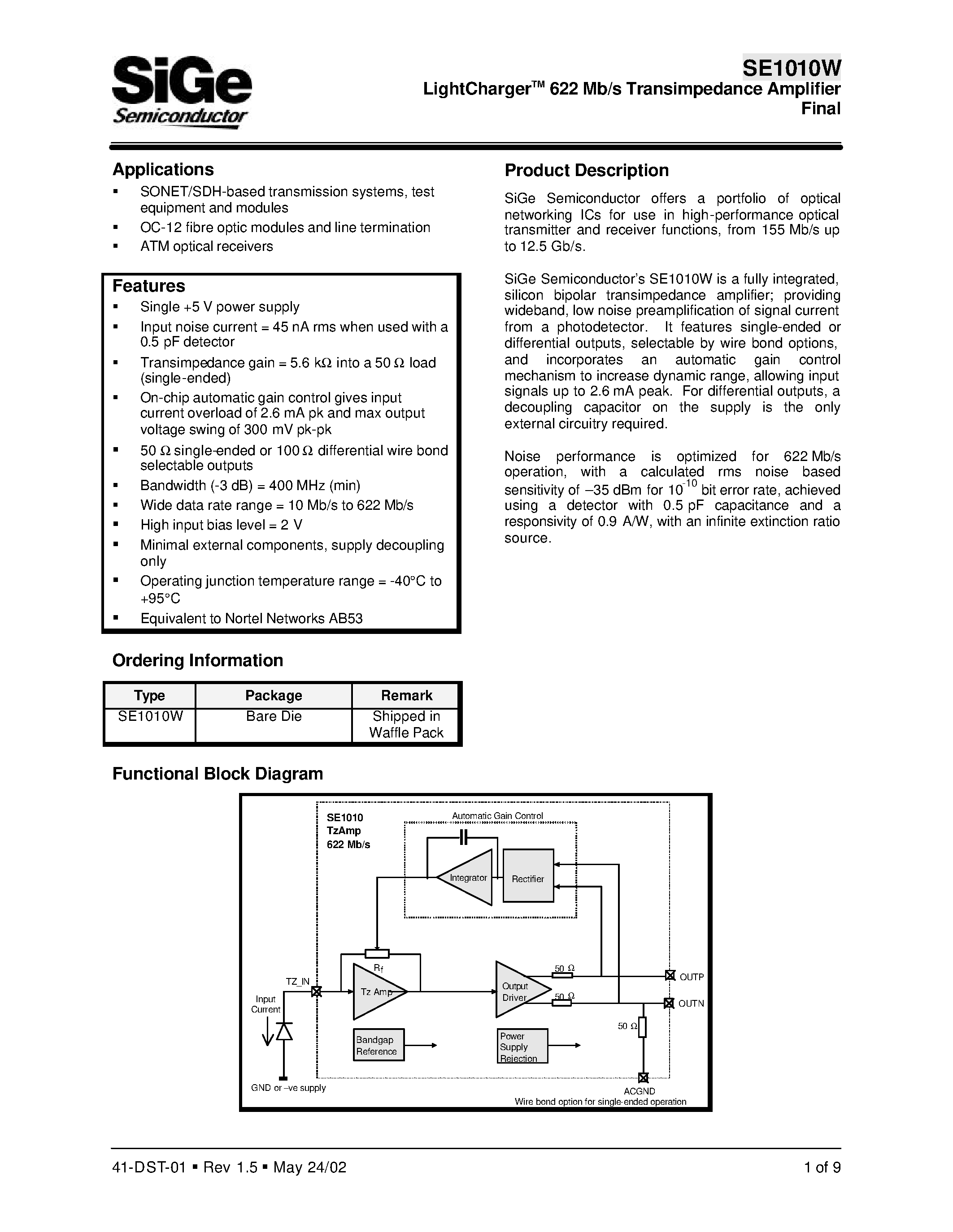 Datasheet SE1010W - LightChargerTM 622 Mb/s Transimpedance Amplifier Final page 1
