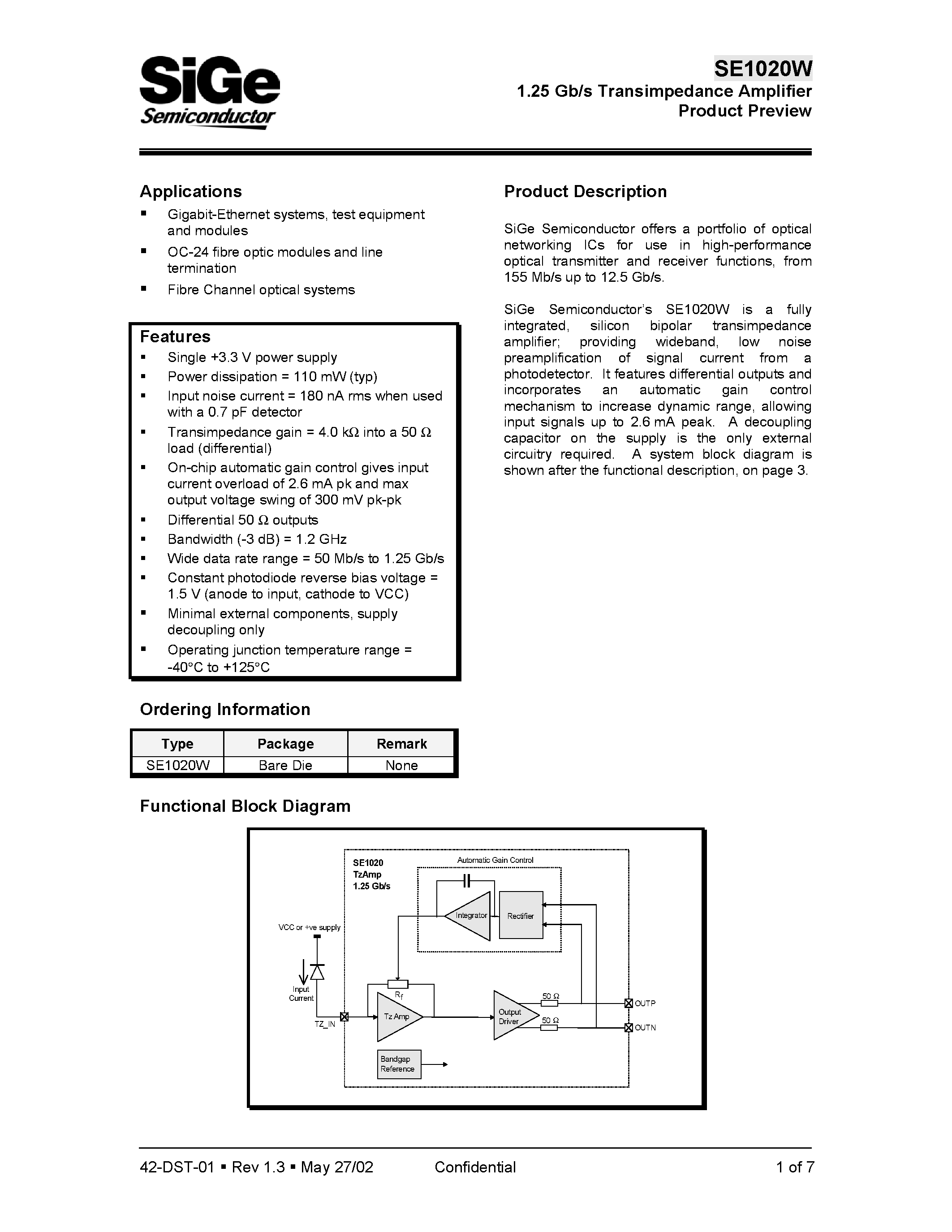 Datasheet SE1020W - 1.25 Gb/s Transimpedance Amplifier Product Preview page 1