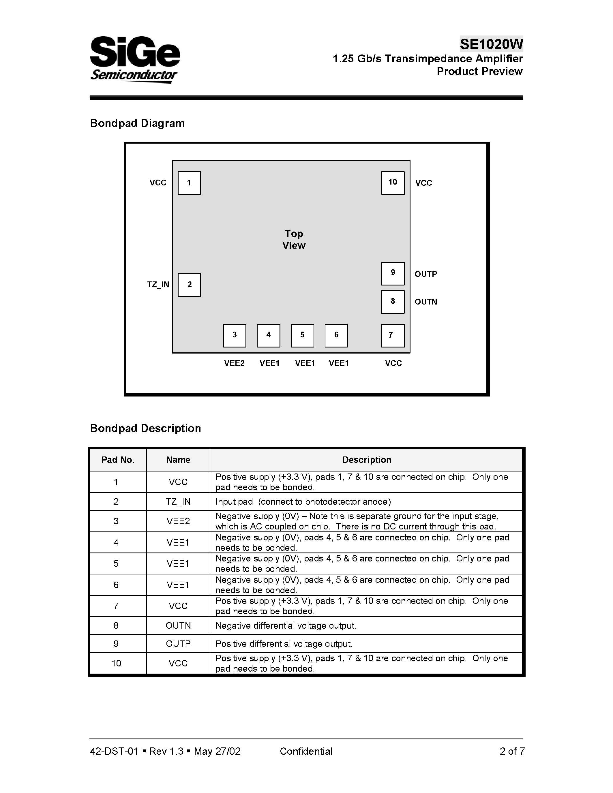 Datasheet SE1020W - 1.25 Gb/s Transimpedance Amplifier Product Preview page 2