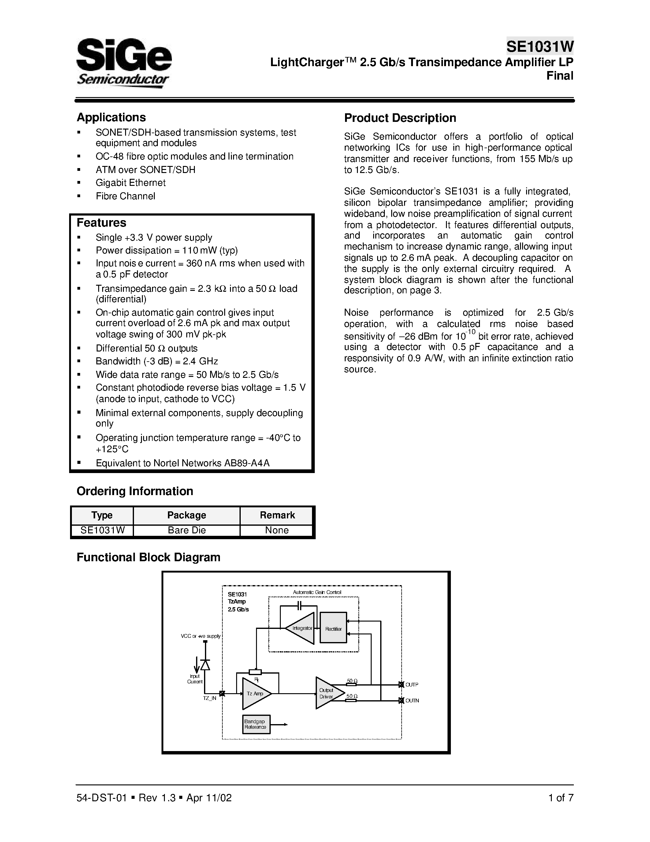 Datasheet SE1031W - LightCharger 2.5 Gb/s Transimpedance Amplifier LP Final page 1