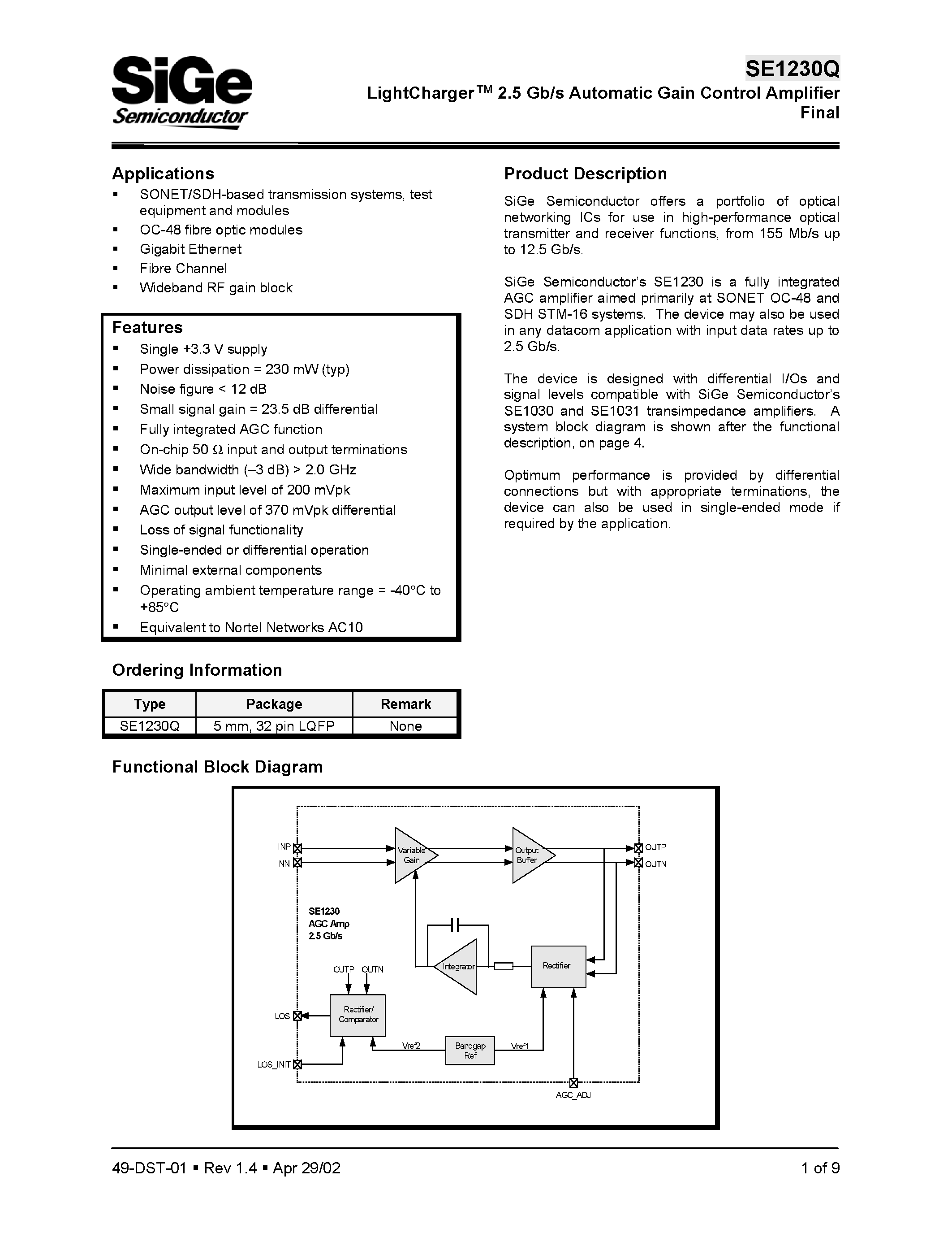 Datasheet SE1230Q - LightCharger 2.5 Gb/s Automatic Gain Control Amplifier Final page 1