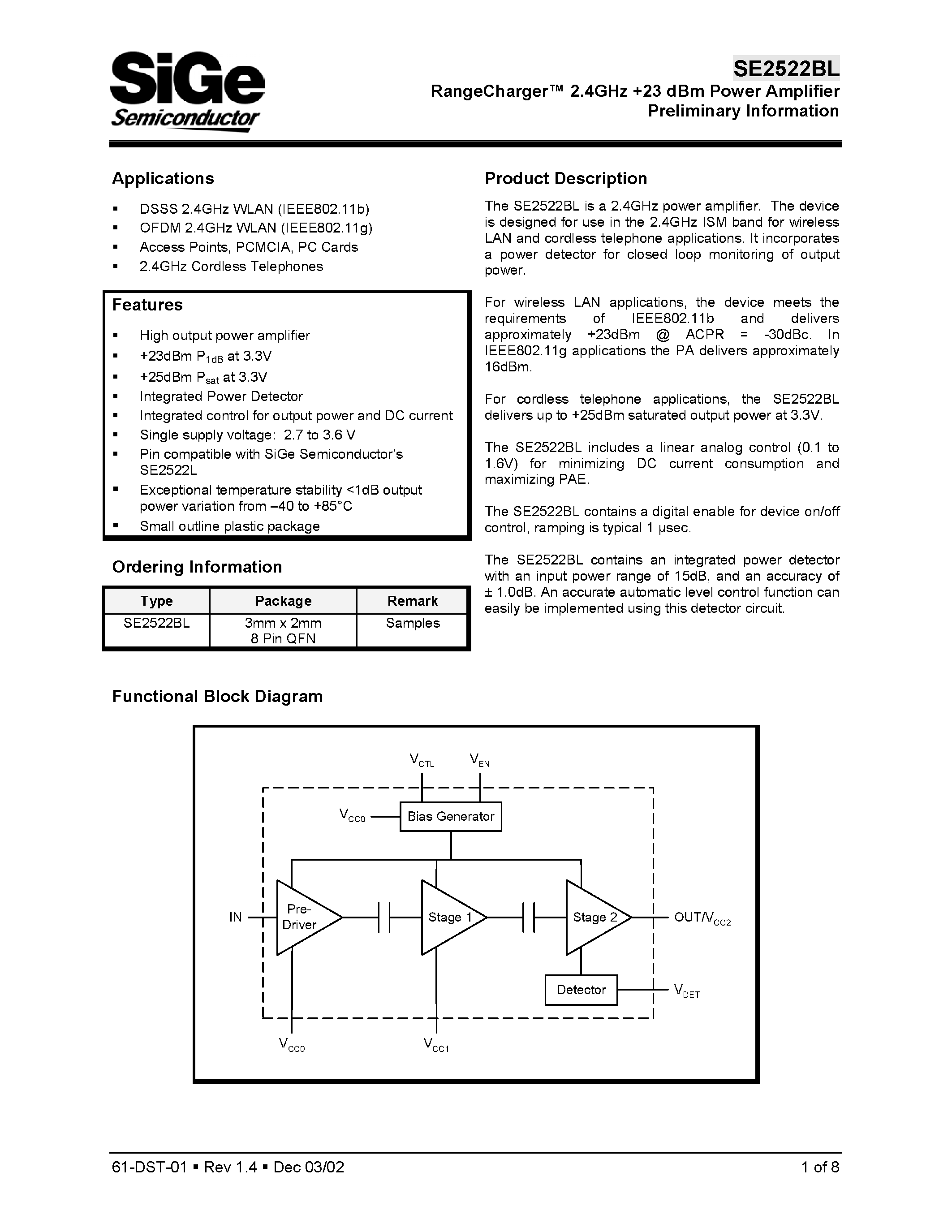 Datasheet SE2522BL - RangeCharger 2.4GHz +23 dBm Power Amplifier Preliminary Information page 1