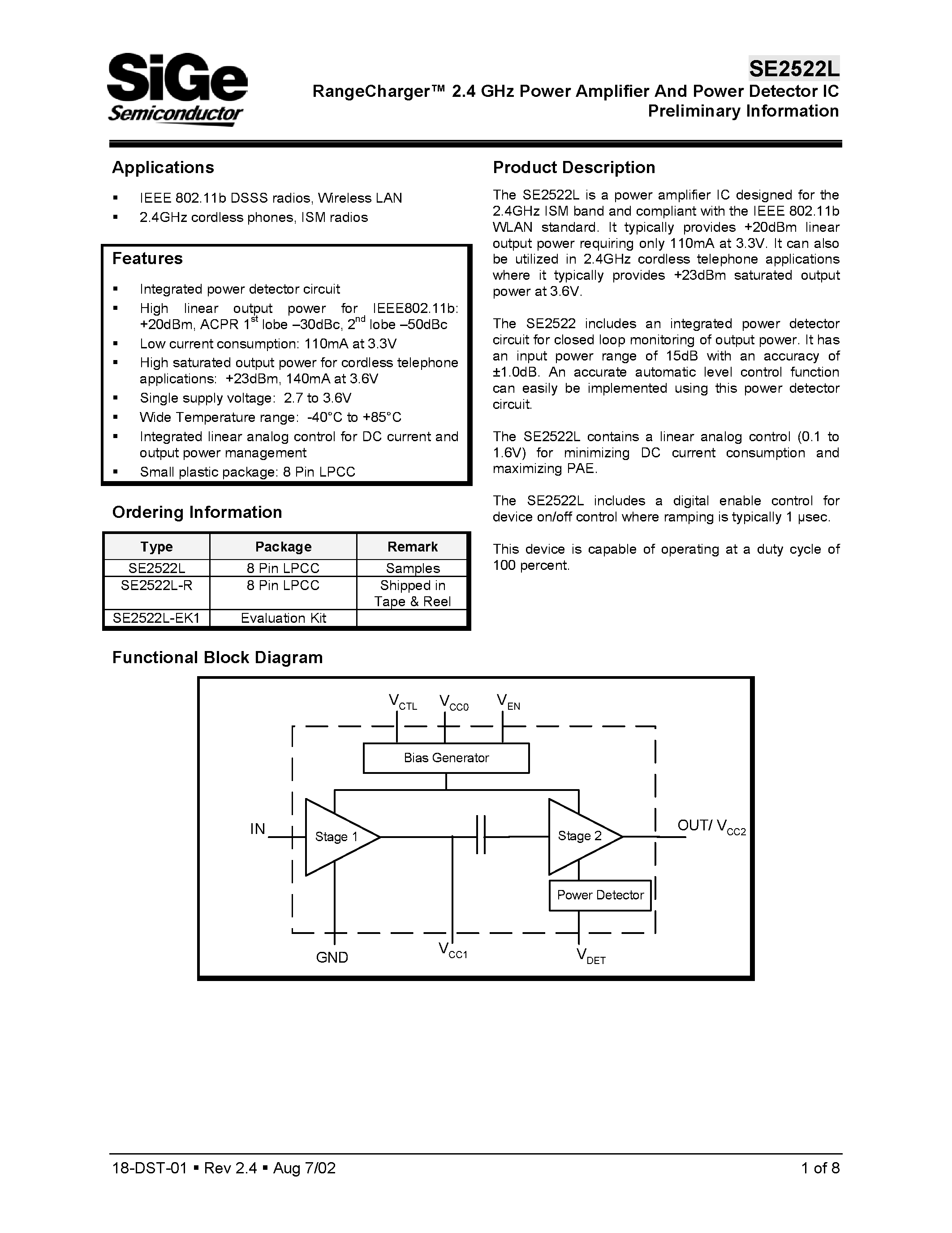 Datasheet SE2522L - RangeCharger 2.4 GHz Power Amplifier And Power Detector IC Preliminary Information page 1