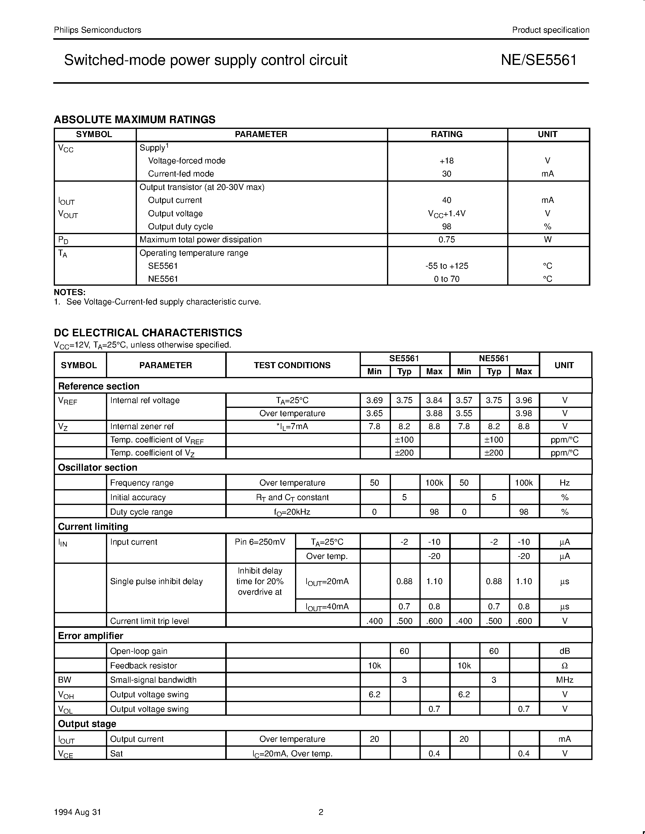 Datasheet SE5561 page 2 Datasheet SE5561 - Switched-mode power supply control circuit page 2