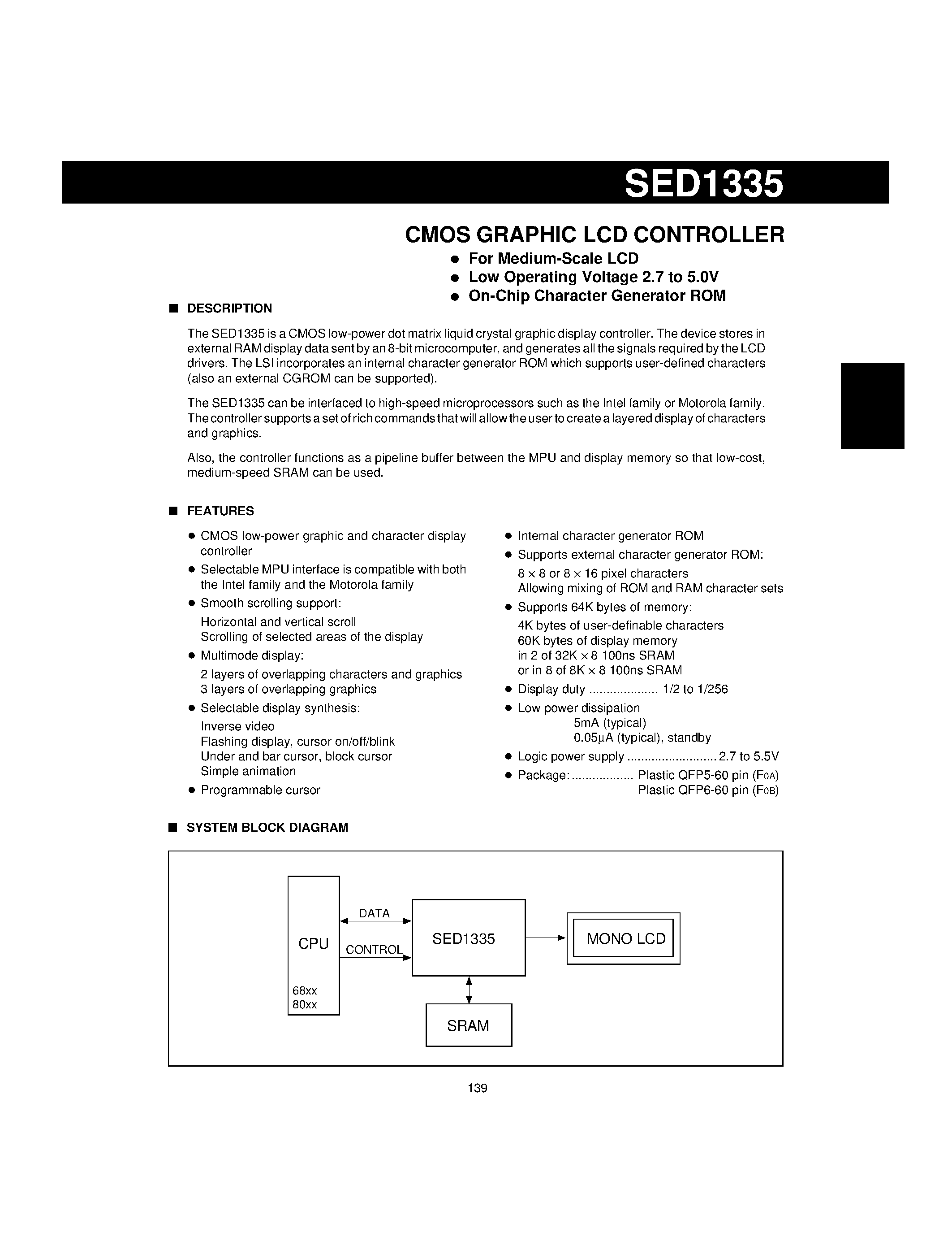 Datasheet SED1335-1 - CMOS GRAPHIC LCD CONTROLLER page 1
