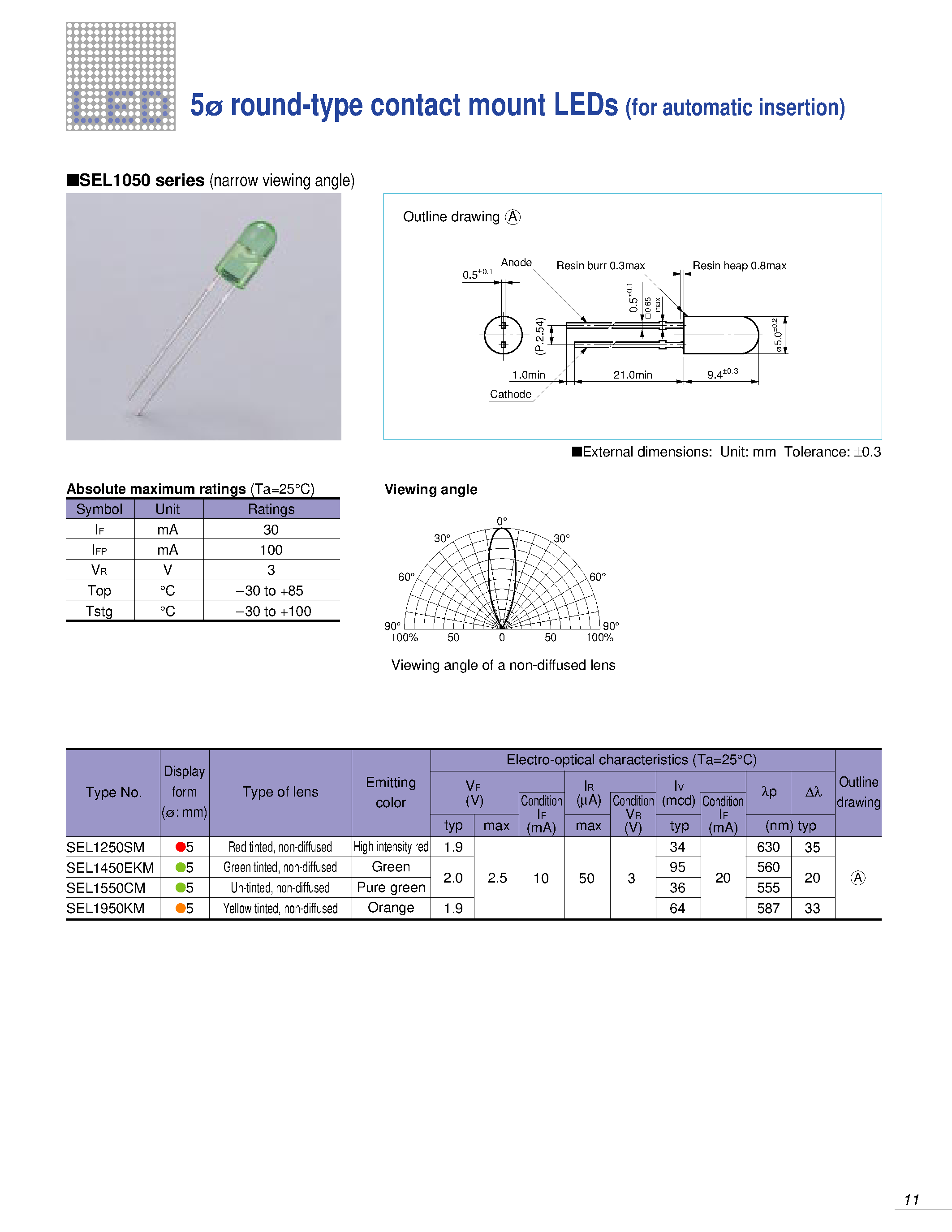 Datasheet SEL1050 page 1 Datasheet SEL1050 - 5 round-type contact mount LEDs (for automatic insertion) page 1