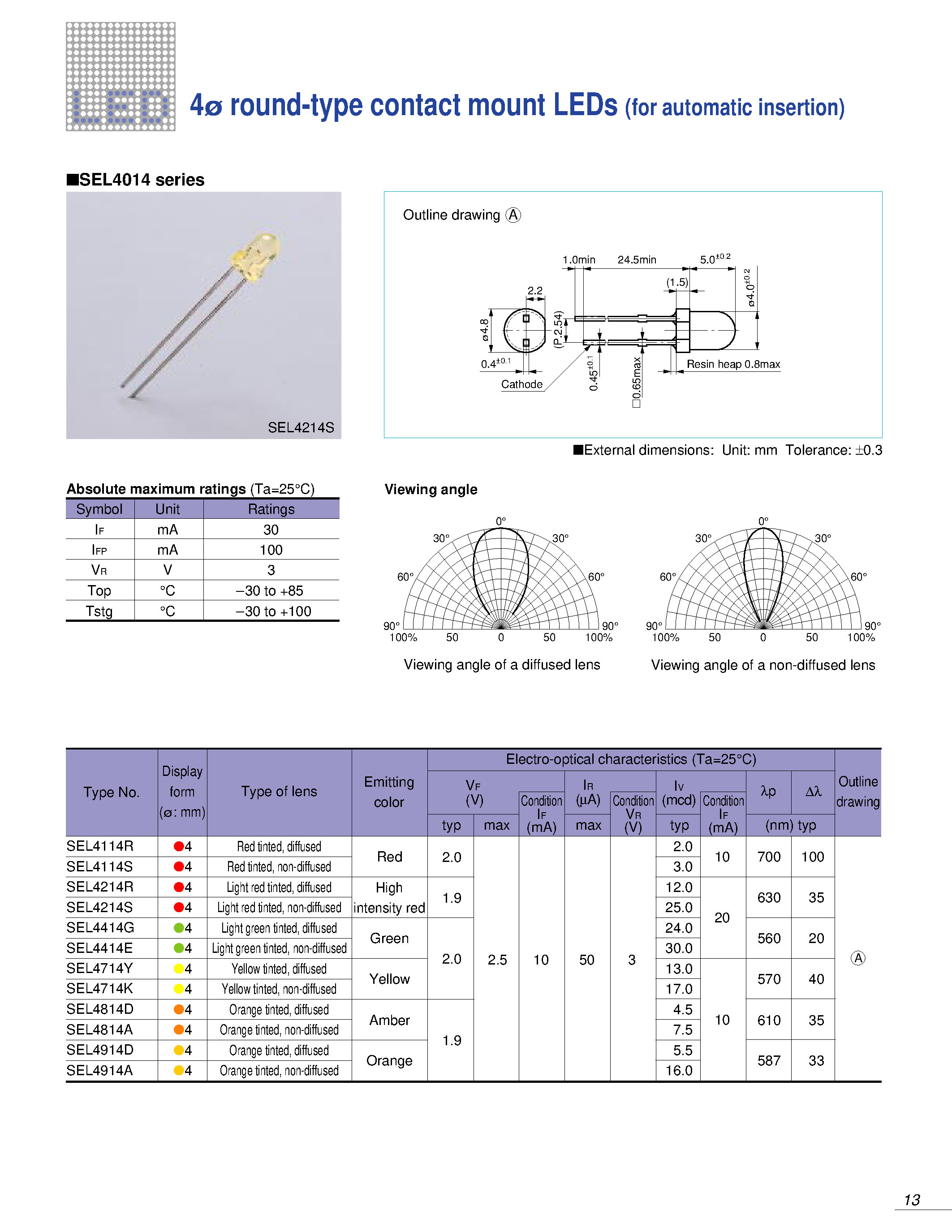 Datasheet SEL4014 - 4 round-type contact mount LEDs (for automatic insertion) page 1