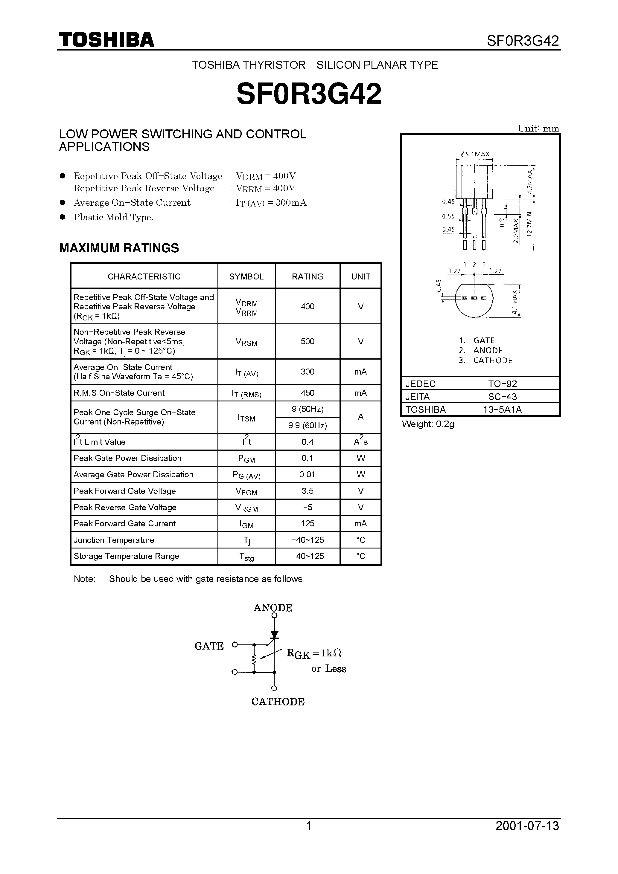 Datasheet SF0R3G42 - LOW POWER SWITCHING AND CONTROL APPLICATIONS page 1