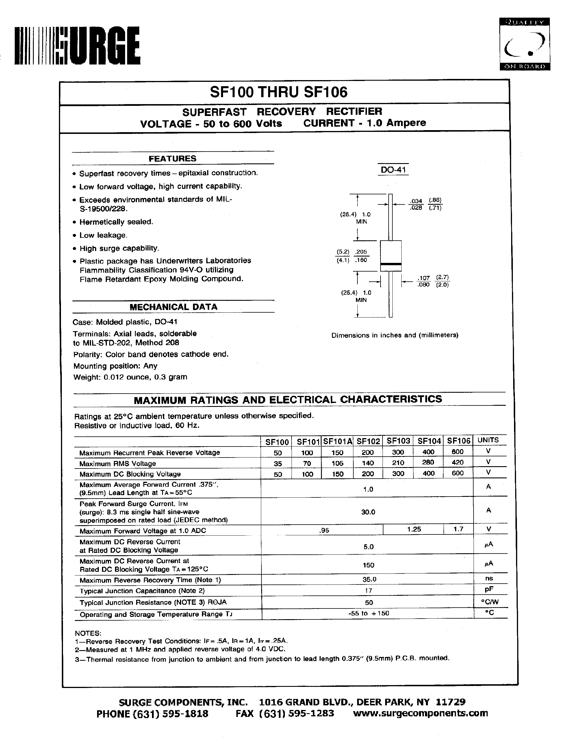 Datasheet SF103 page 1 Datasheet SF103 - SUPERFAST RECOVERY RECTIFIER VOLTAGE - 50 - 600 Volts CURRENT - 1.0 Amperes page 1