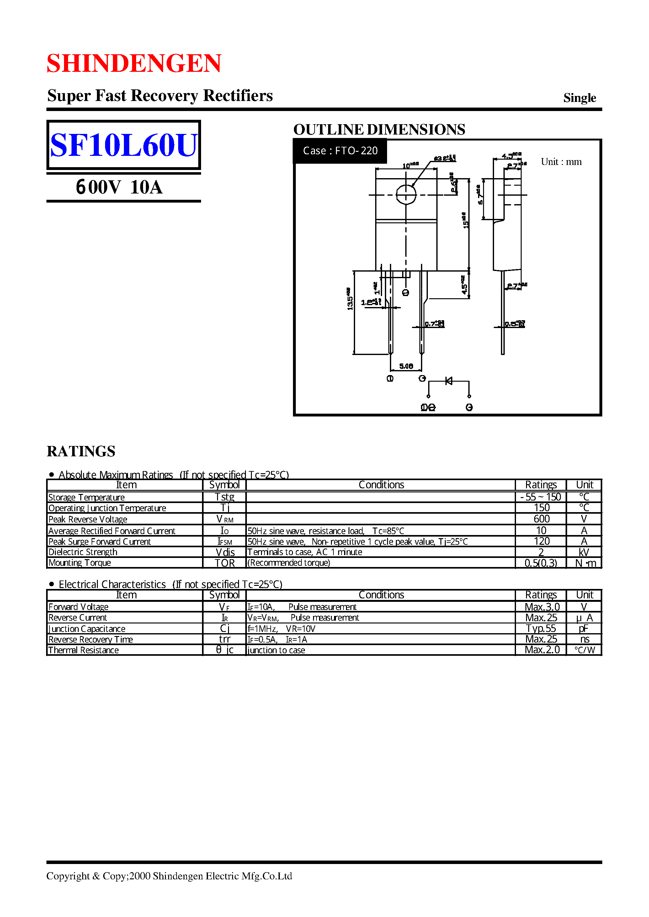 Datasheet SF10L60U page 1 Datasheet SF10L60U - Super Fast Recovery Rectifiers(600V 10A) page 1