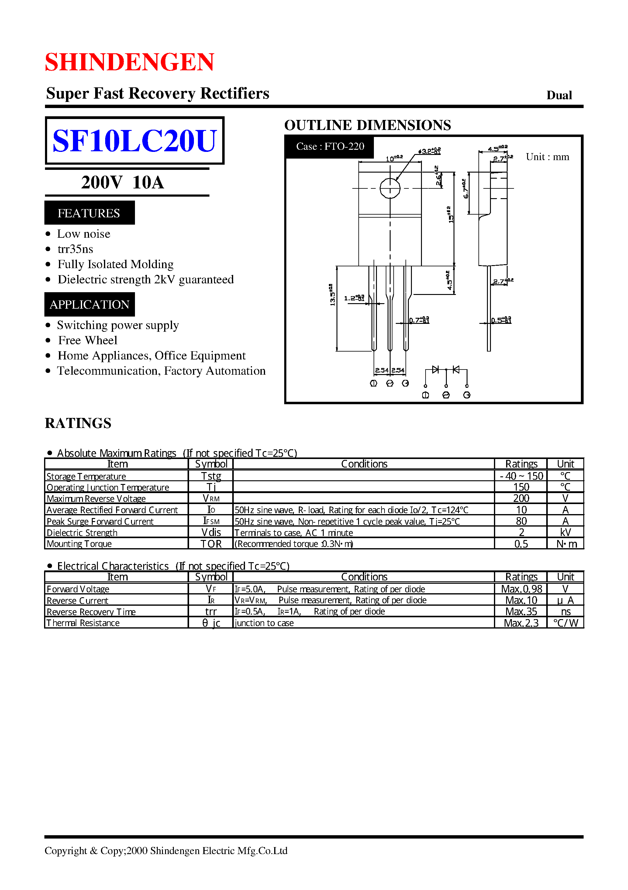 Datasheet SF10LC20U - Super Fast Recovery Rectifiers(200V 10A) page 1