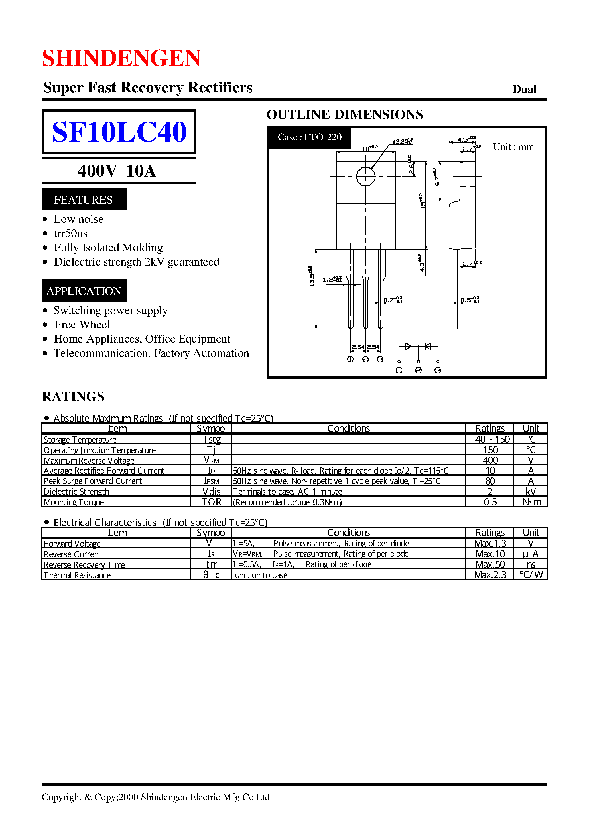 Datasheet SF10LC40 page 1 Datasheet SF10LC40 - Super Fast Recovery Rectifiers(400V 10A) page 1