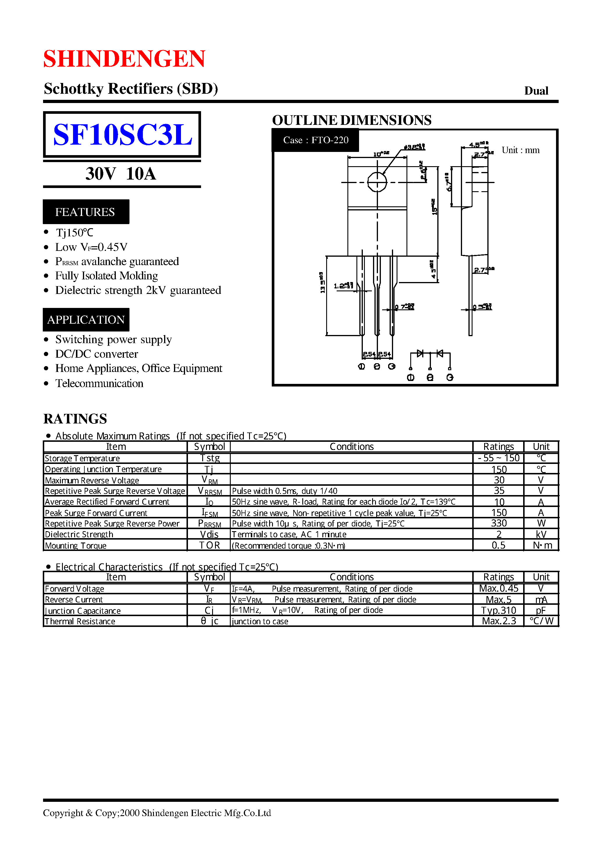 Datasheet SF10SC3L page 1 Datasheet SF10SC3L - Schottky Rectifiers (SBD) (30V 10A) page 1