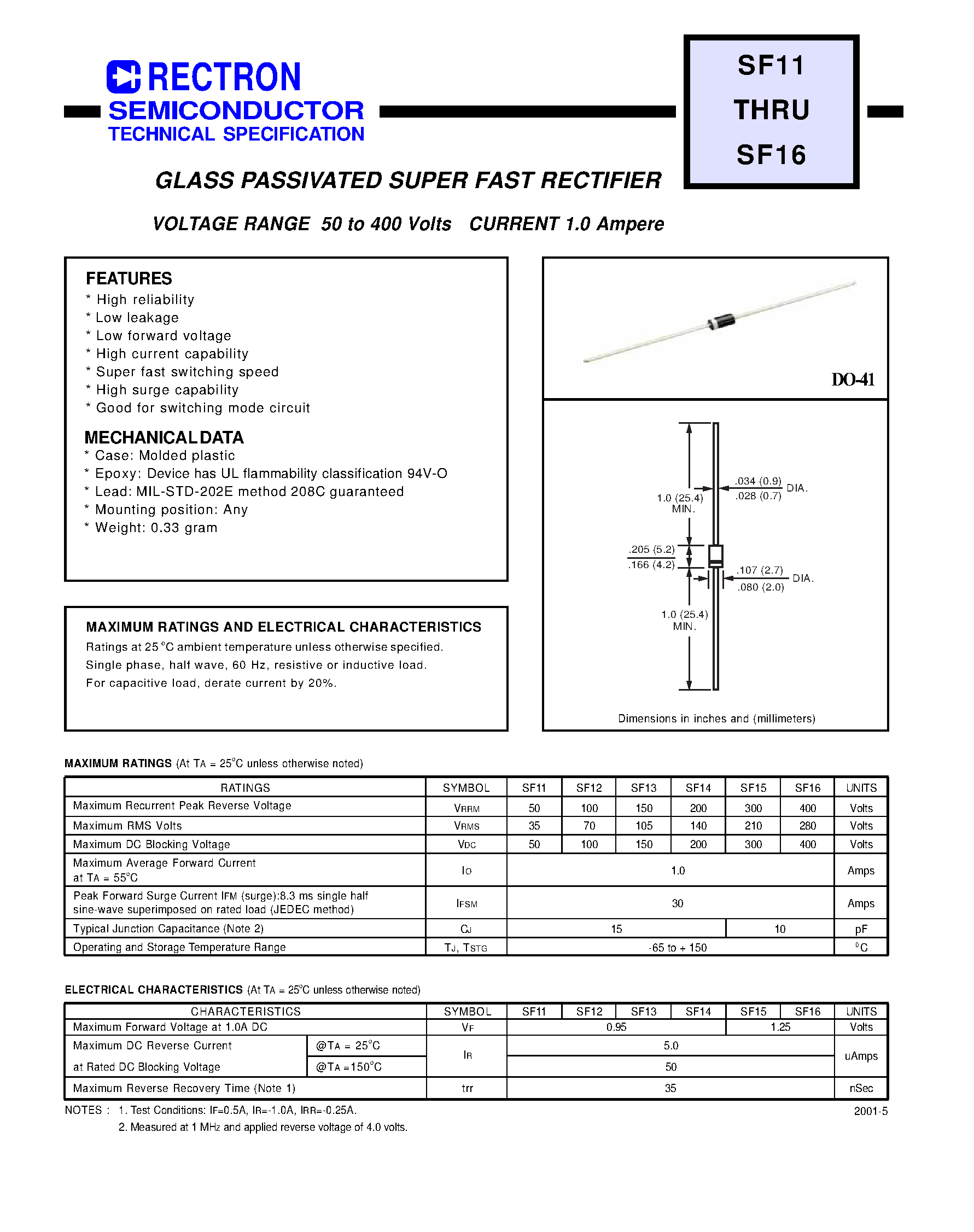 Datasheet SF13 - GLASS PASSIVATED SUPER FAST RECTIFIER (VOLTAGE RANGE 50 to 400 Volts CURRENT 1.0 Ampere) page 1
