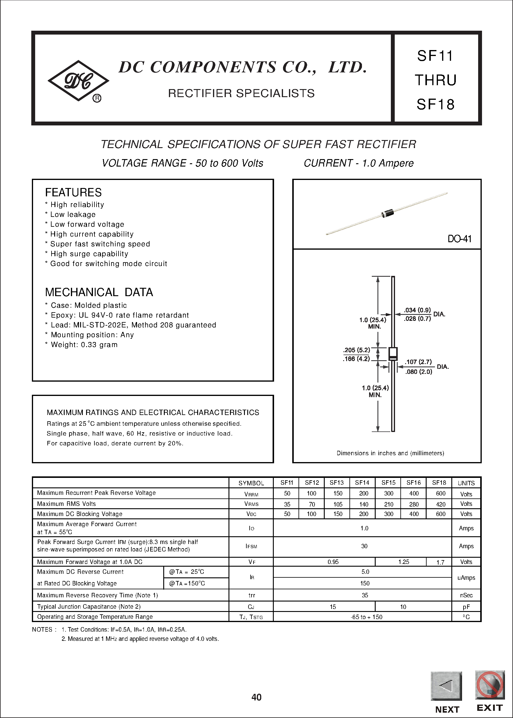 Datasheet SF14 page 1 Datasheet SF14 - TECHNICAL SPECIFICATIONS OF SUPER FAST RECTIFIER page 1