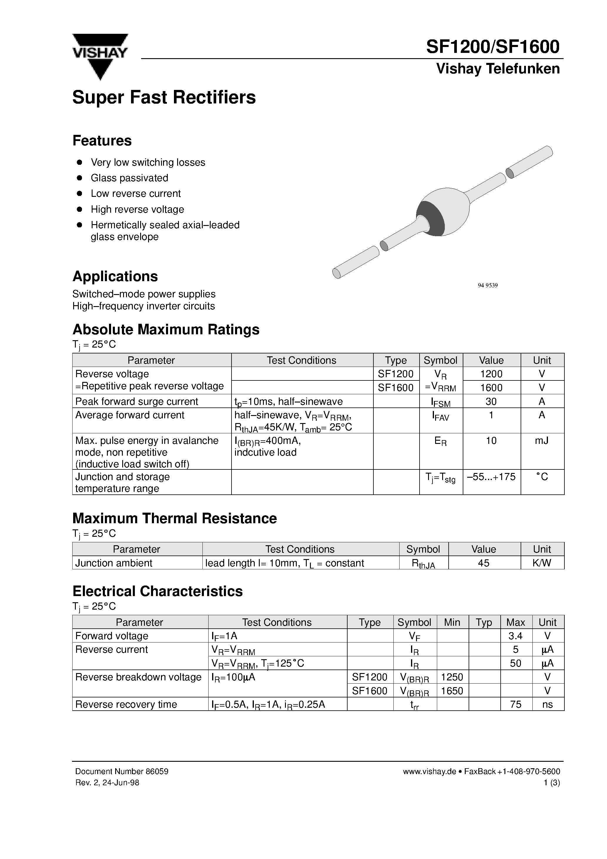 Datasheet SF1600 - Super Fast Rectifiers page 1