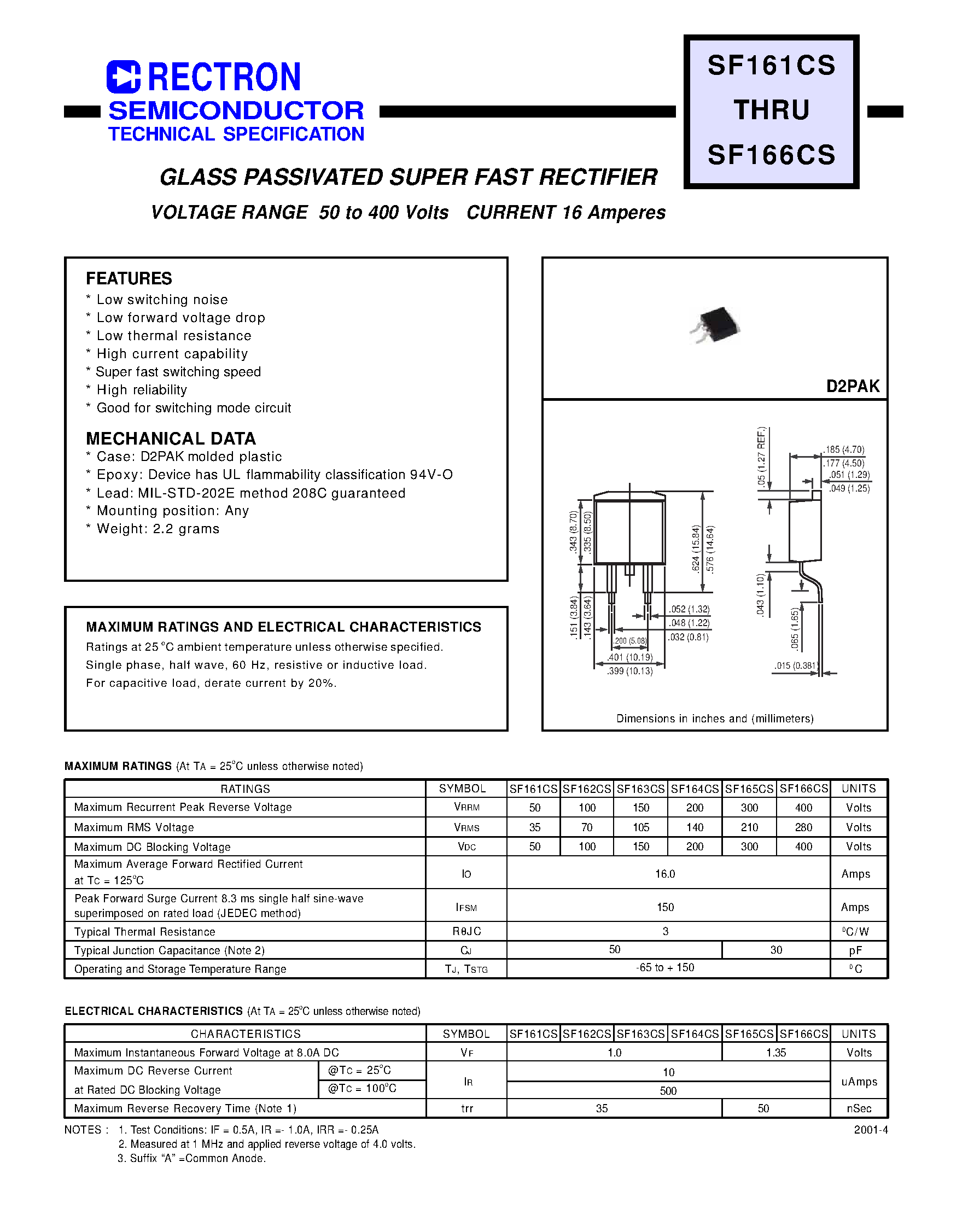 Datasheet SF163CS - GLASS PASSIVATED SUPER FAST RECTIFIER (VOLTAGE RANGE 50 to 400 Volts CURRENT 16 Amperes) page 1