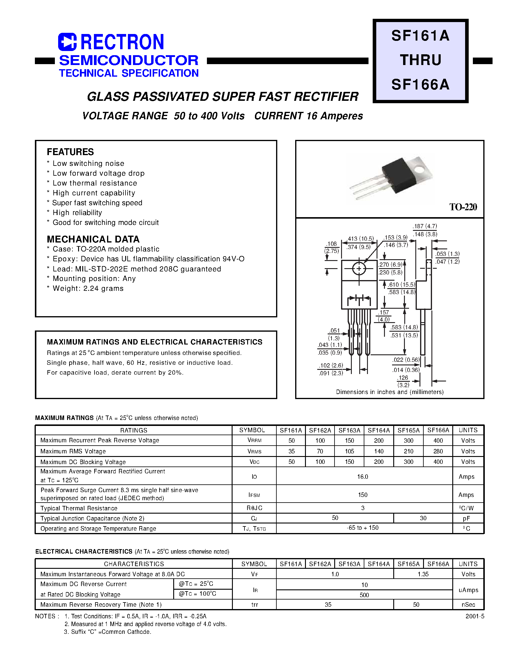 Datasheet SF165A page 1 Datasheet SF165A - GLASS PASSIVATED SUPER FAST RECTIFIER (VOLTAGE RANGE 50 to 400 Volts CURRENT 16 Amperes) page 1